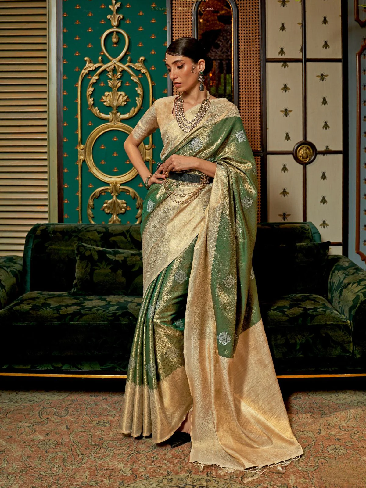 Odette Green Silk Blend Woven Saree With Unstitched Blouse for Women