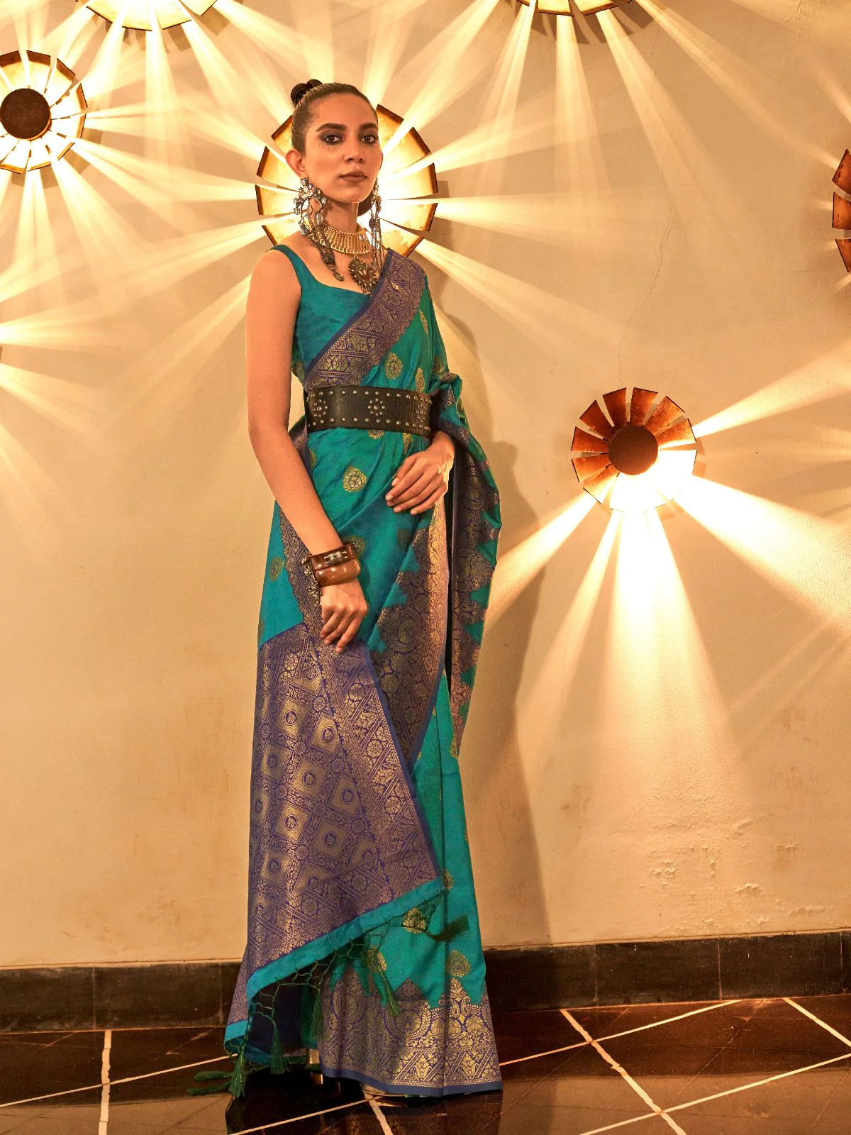 Odette Green Silk Blend Woven Saree With Unstitched Blouse For Women