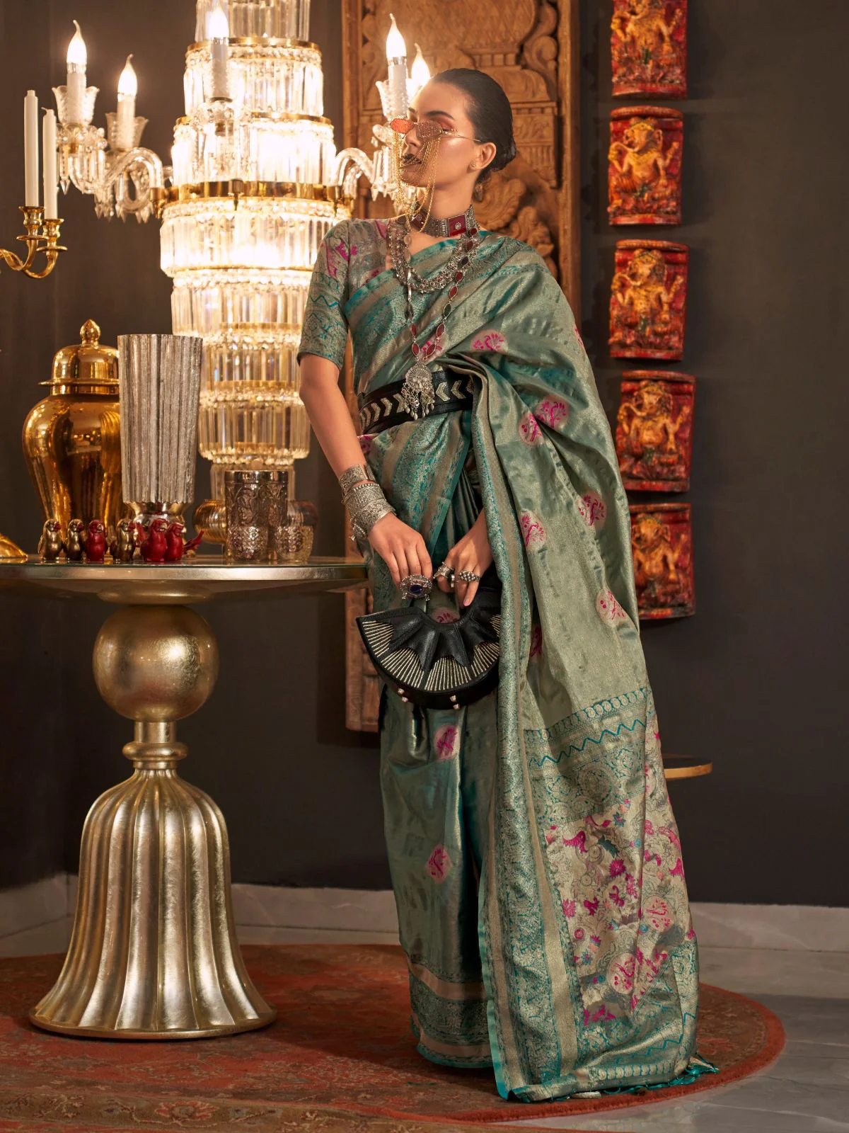 Odette Green Silk Blend Woven Saree With Unstitched Blouse For Women