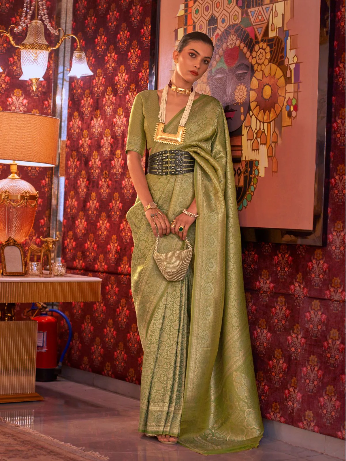 Odette Green Silk Blend Woven Saree With Unstitched Blouse For Women