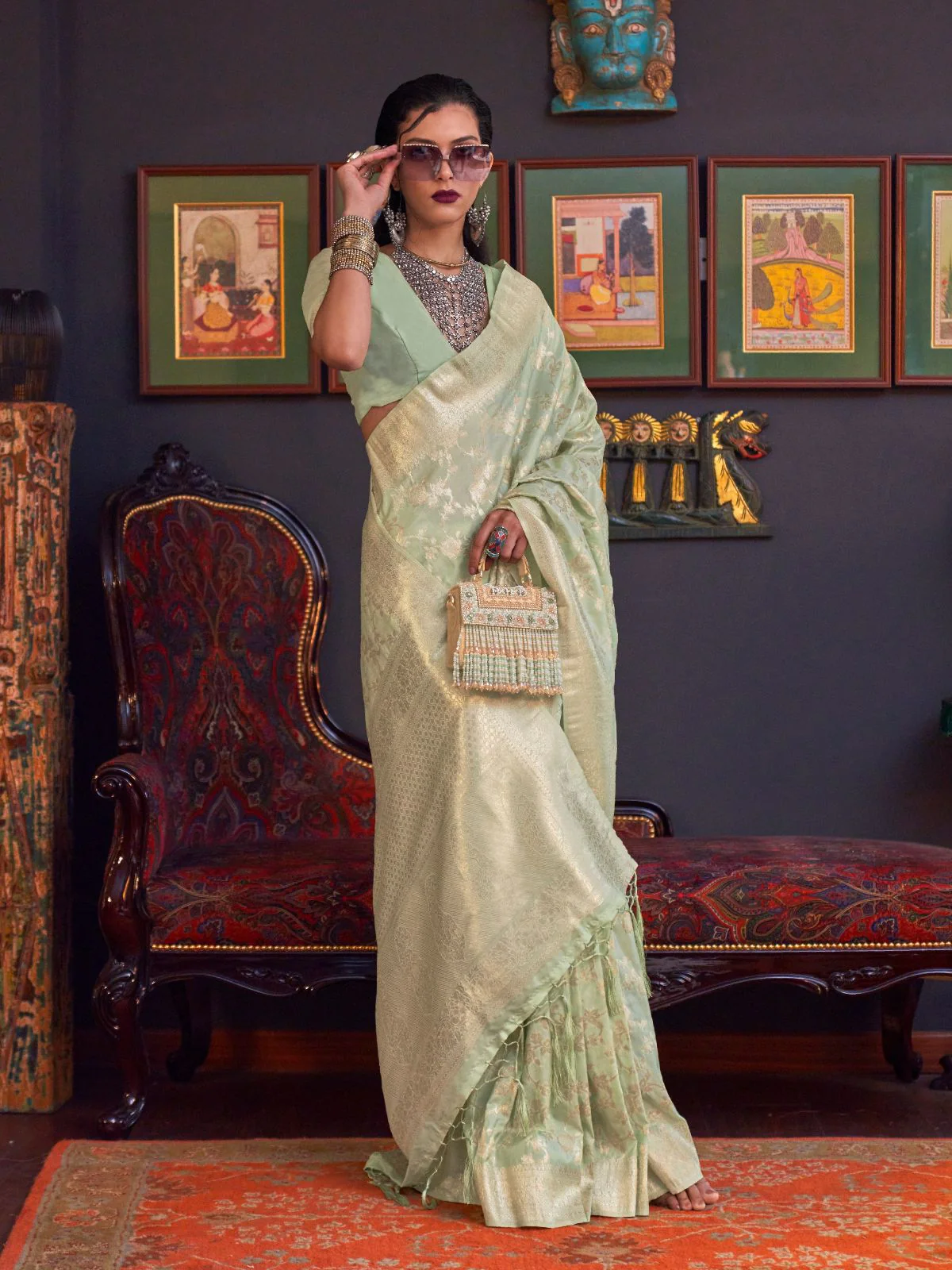 Odette Green Silk Blend Woven Saree With Unstitched Blouse For Women