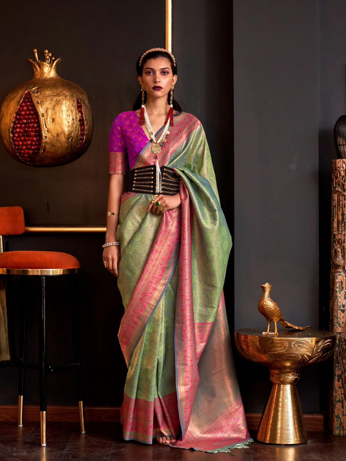 Odette Green Silk Blend Woven Saree With Unstitched Blouse For Women