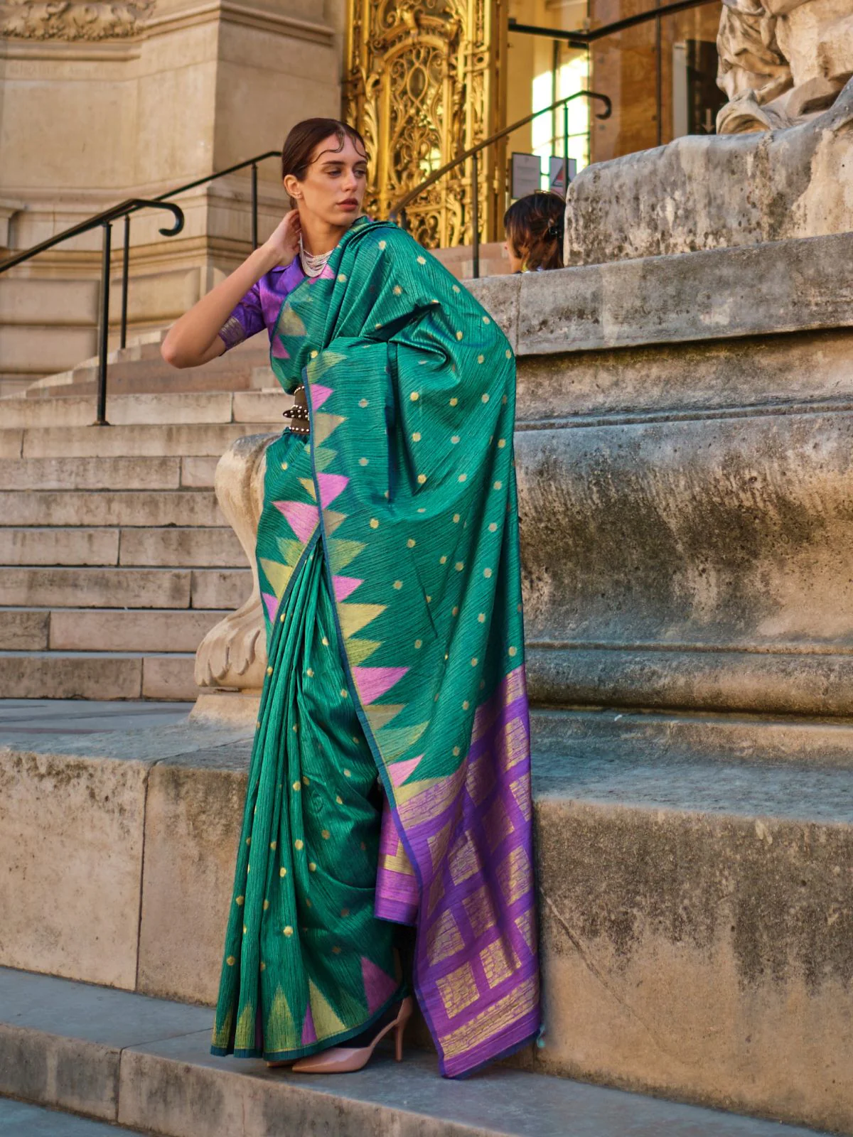 Odette Green Silk Blend Woven Saree With Unstitched Blouse For Women