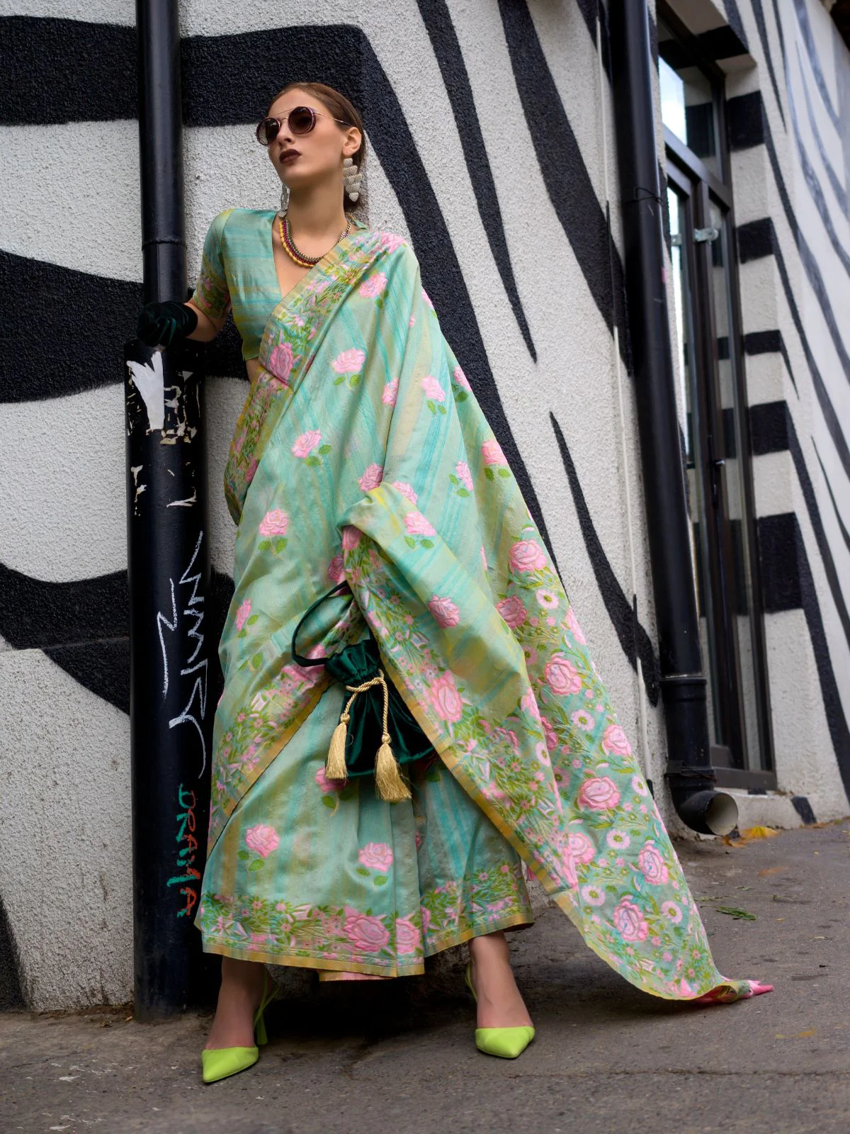 Odette Green Silk Blend Woven Saree With Unstitched Blouse For Women