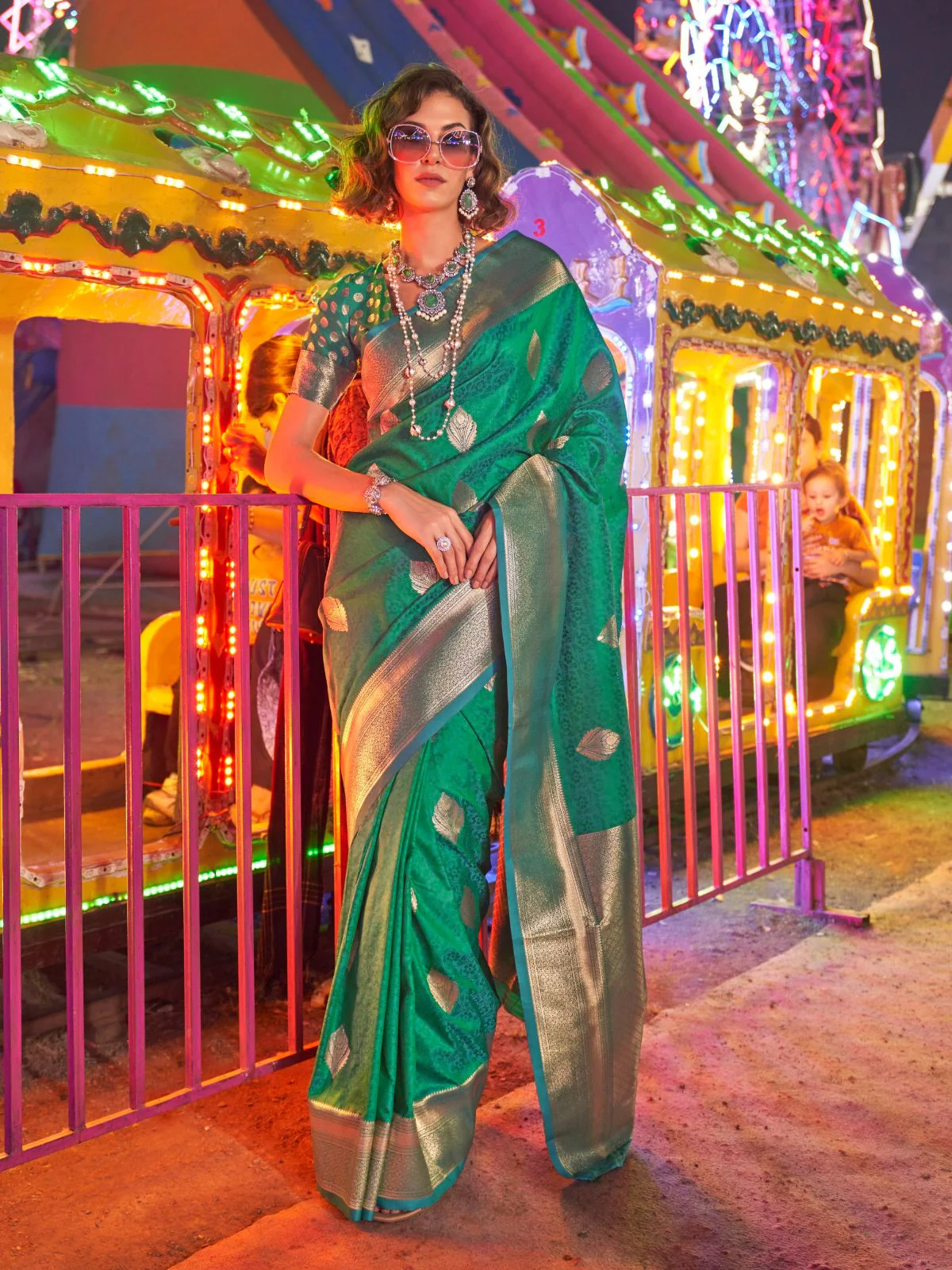 Odette Green Silk Blend Woven Saree With Unstitched Blouse For Women