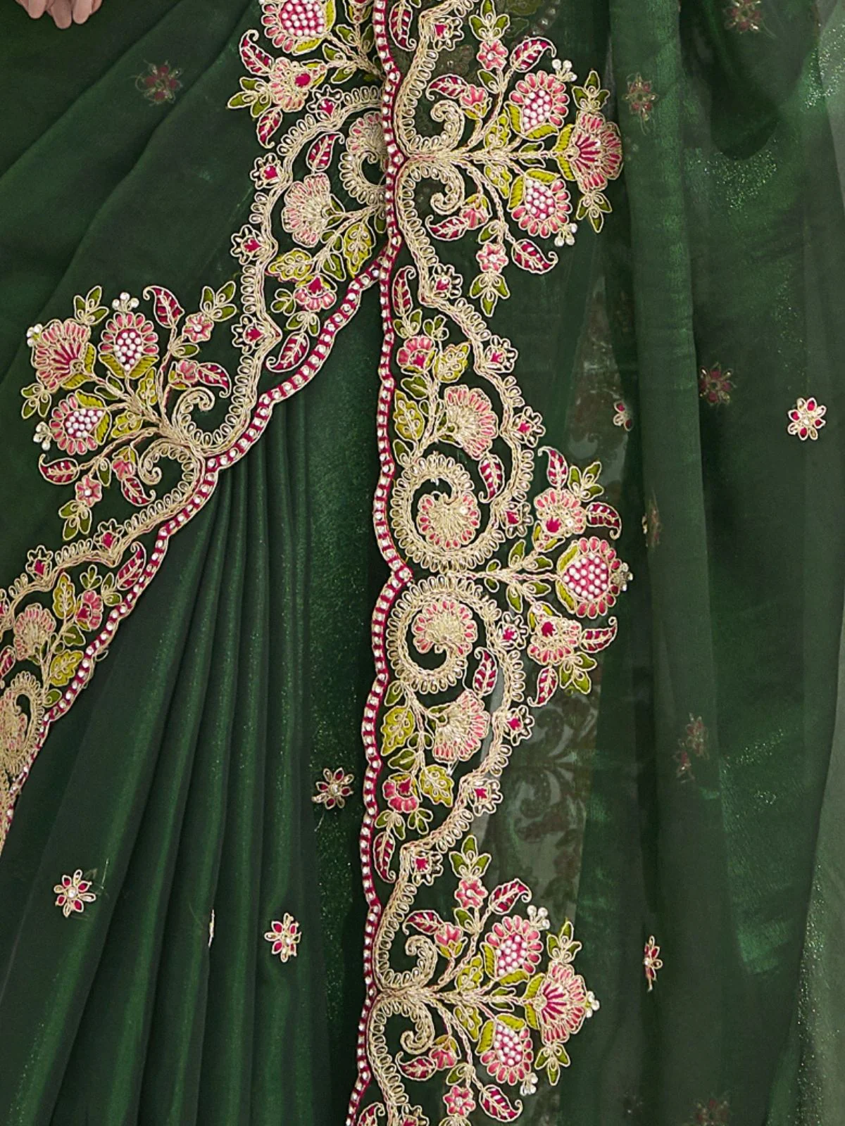 Odette Green Georgette Embroidered Saree With Unstitched Blouse For Women - Image 4
