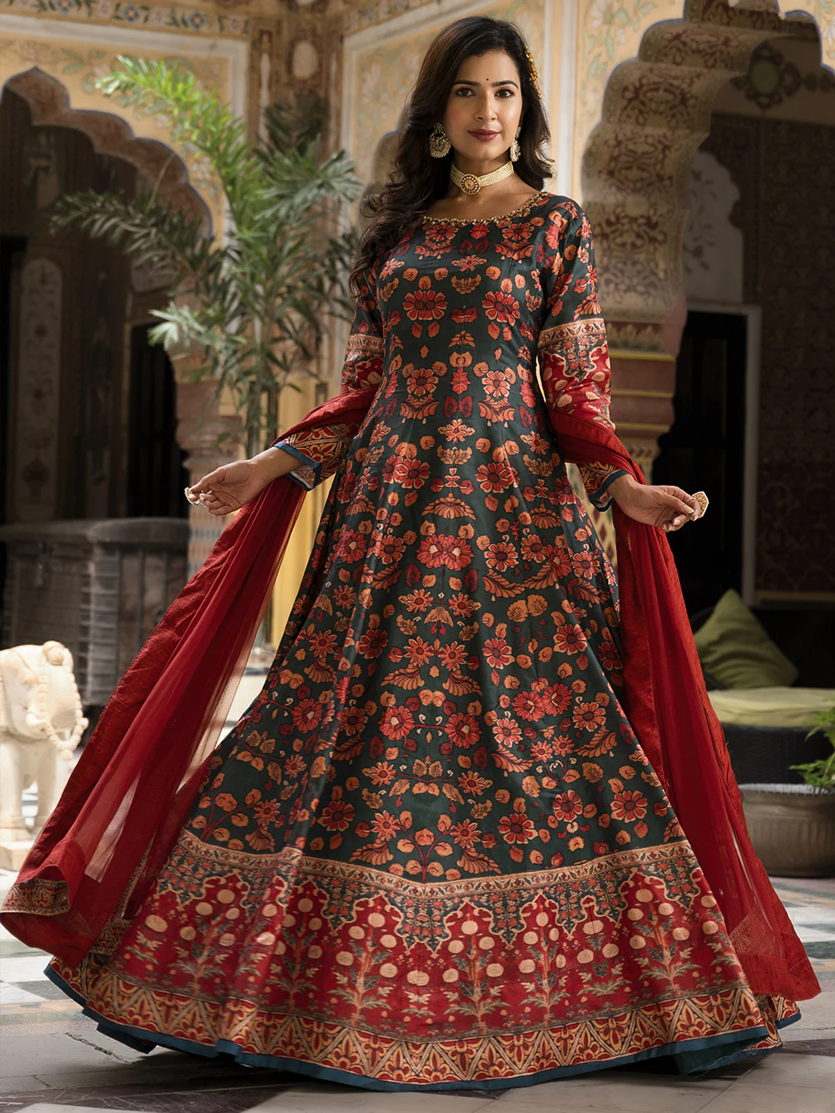 Odette Green Silk Stitched Gown with Dupatta For Women - Image 2