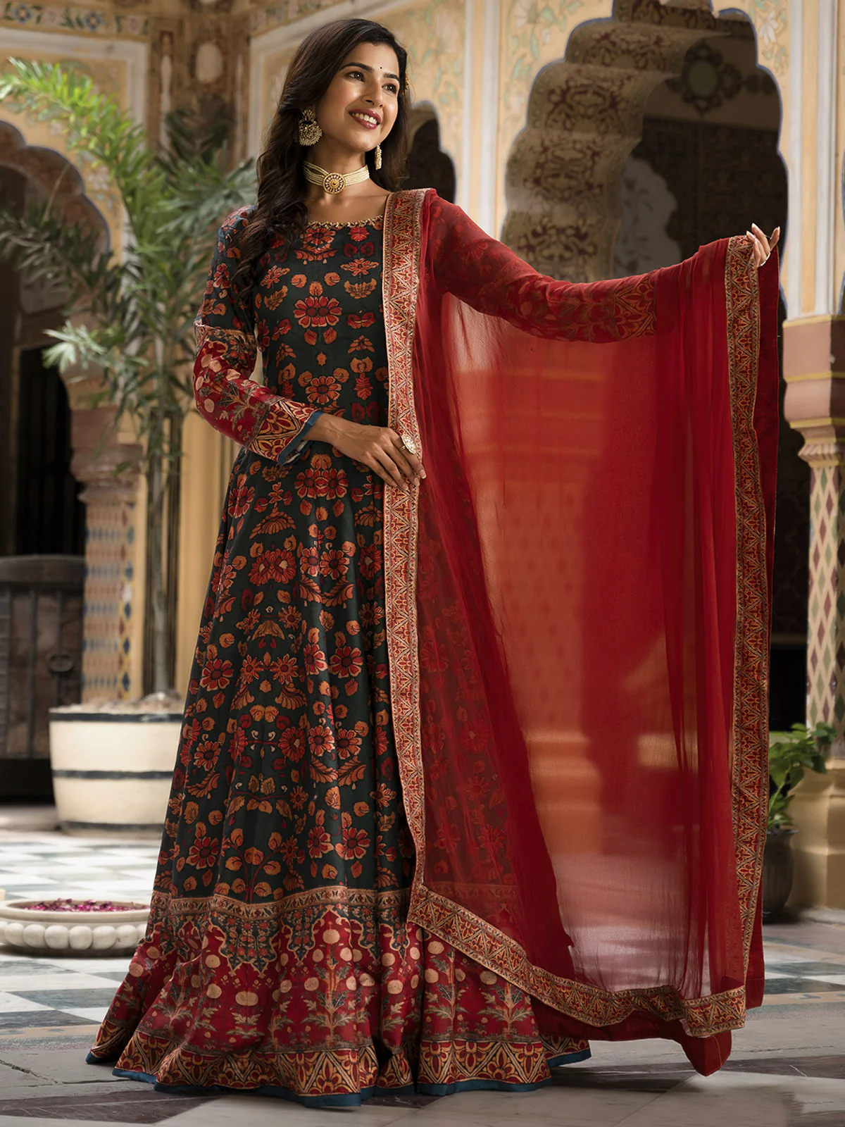 Odette Green Silk Stitched Gown with Dupatta For Women - Image 3