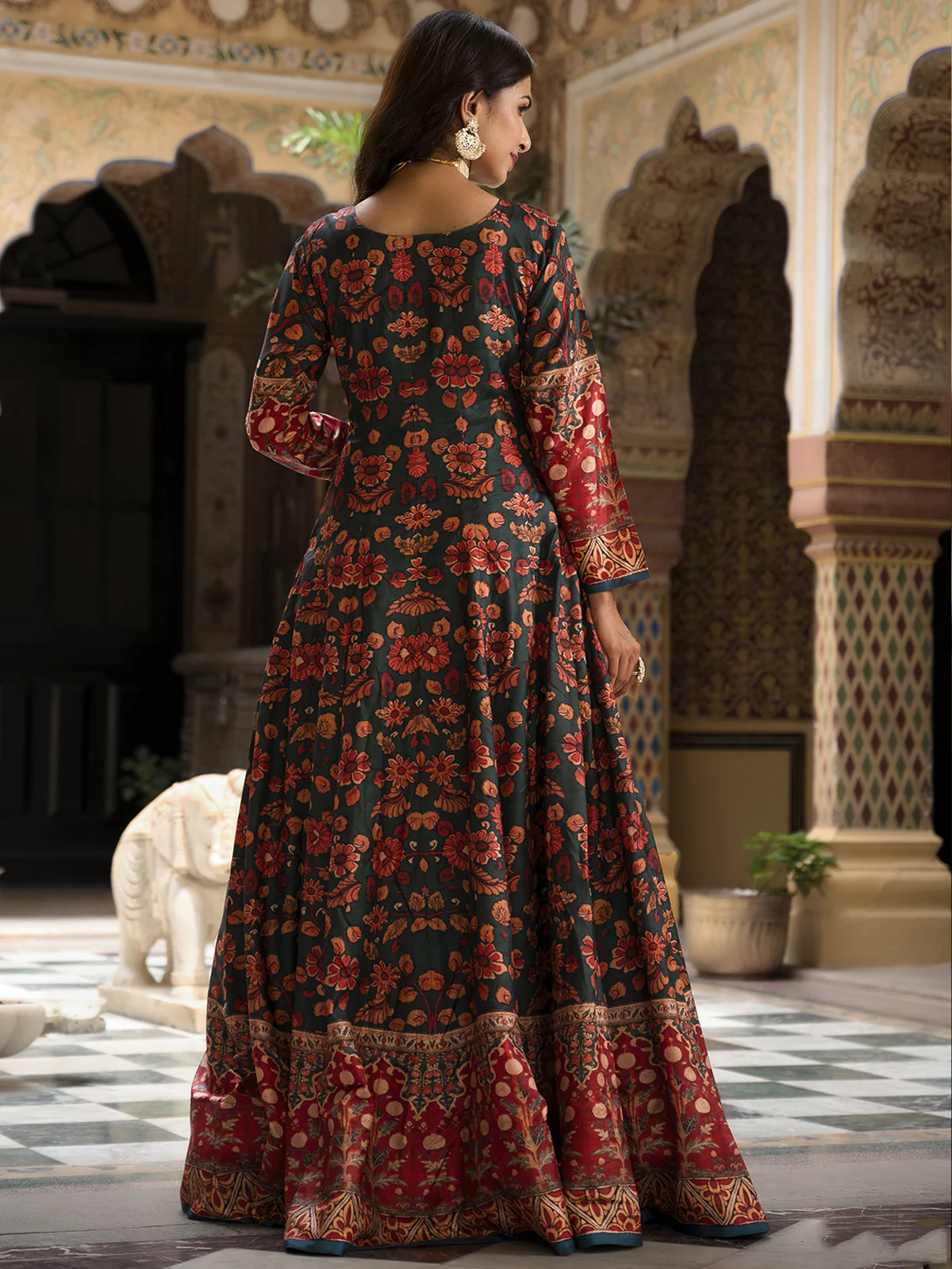 Odette Green Silk Stitched Gown with Dupatta For Women - Image 4