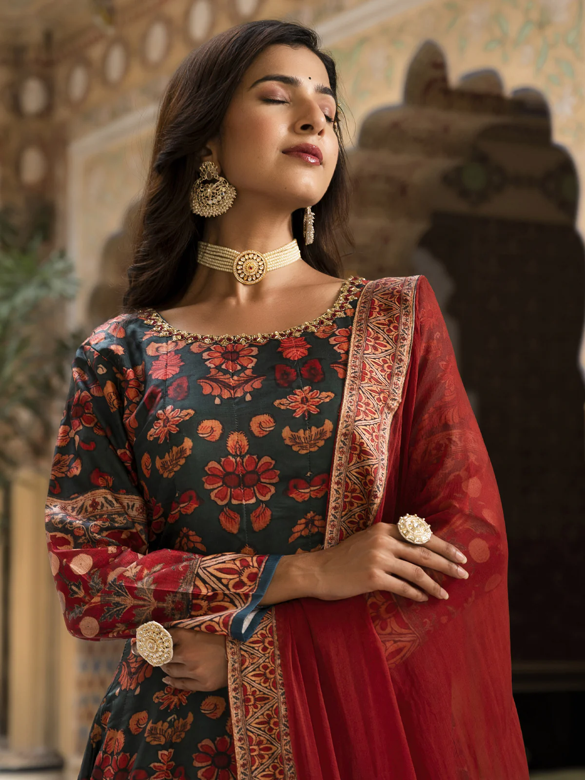 Odette Green Silk Stitched Gown with Dupatta For Women - Image 5