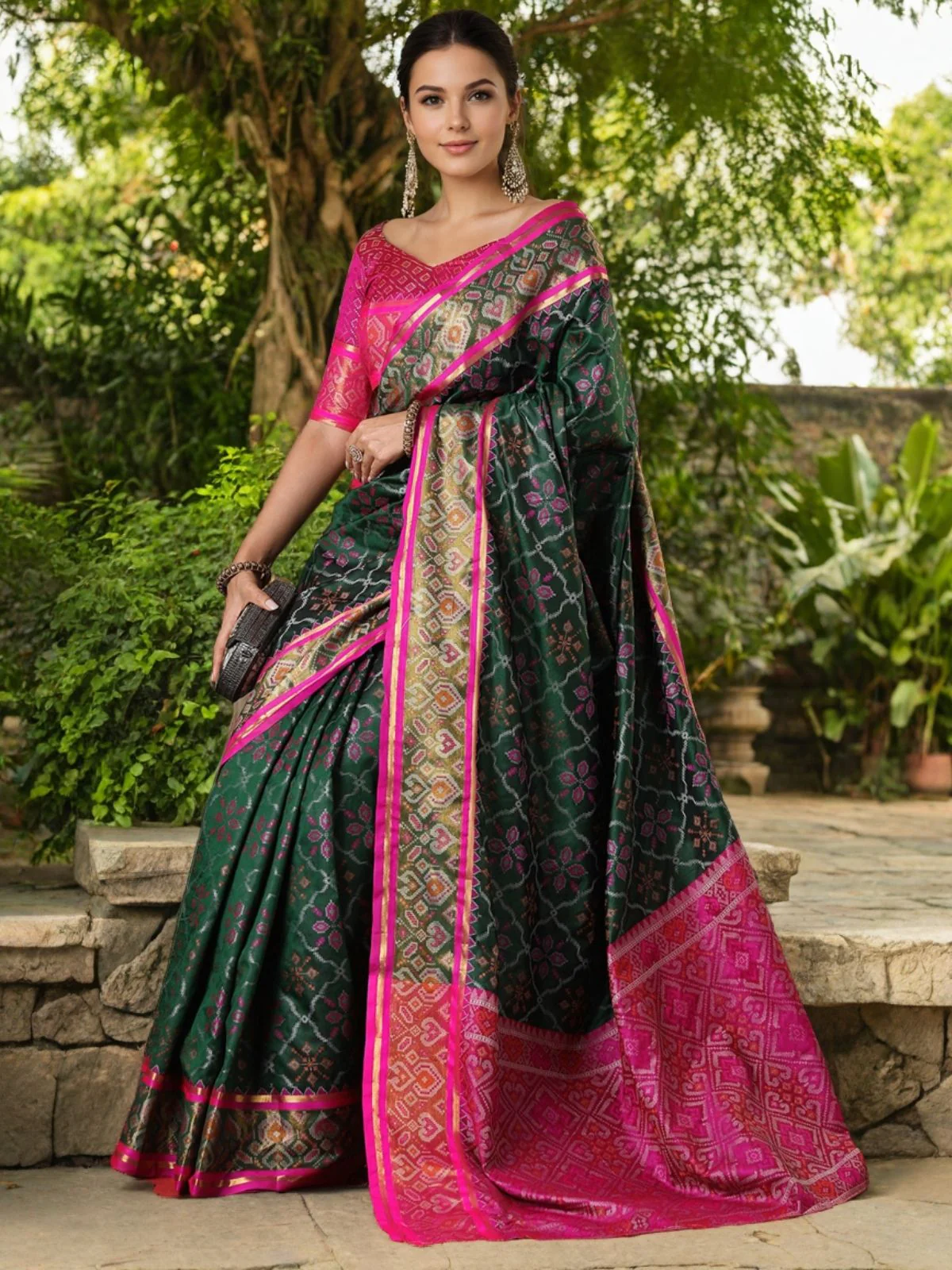 Odette Green Silk Woven Saree For Women - Image 2