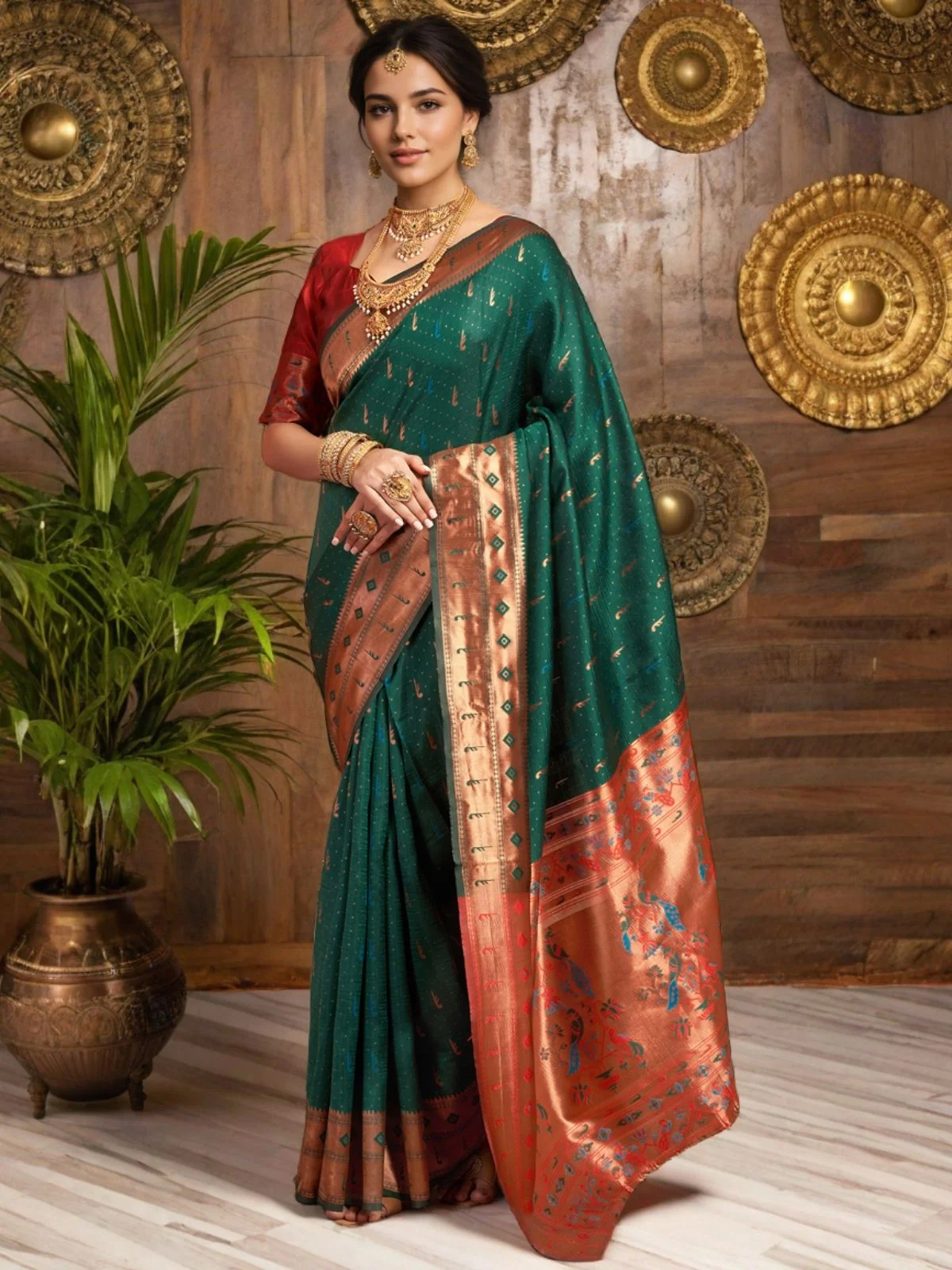 Odette Green Silk Woven Saree For Women