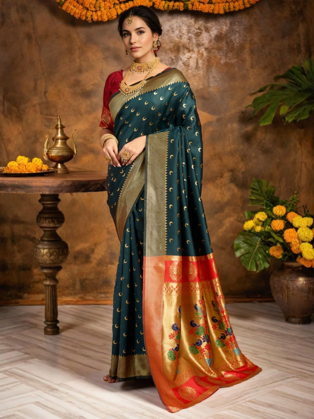 Odette Green Silk Woven Saree For Women