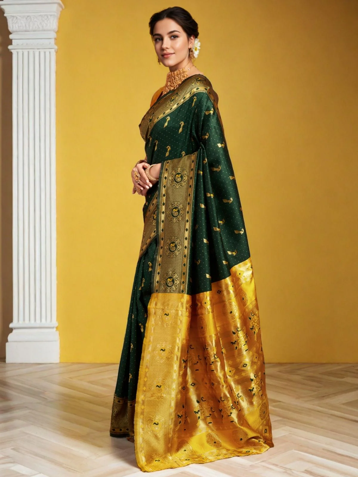 Odette Green Silk Woven Saree For Women - Image 3