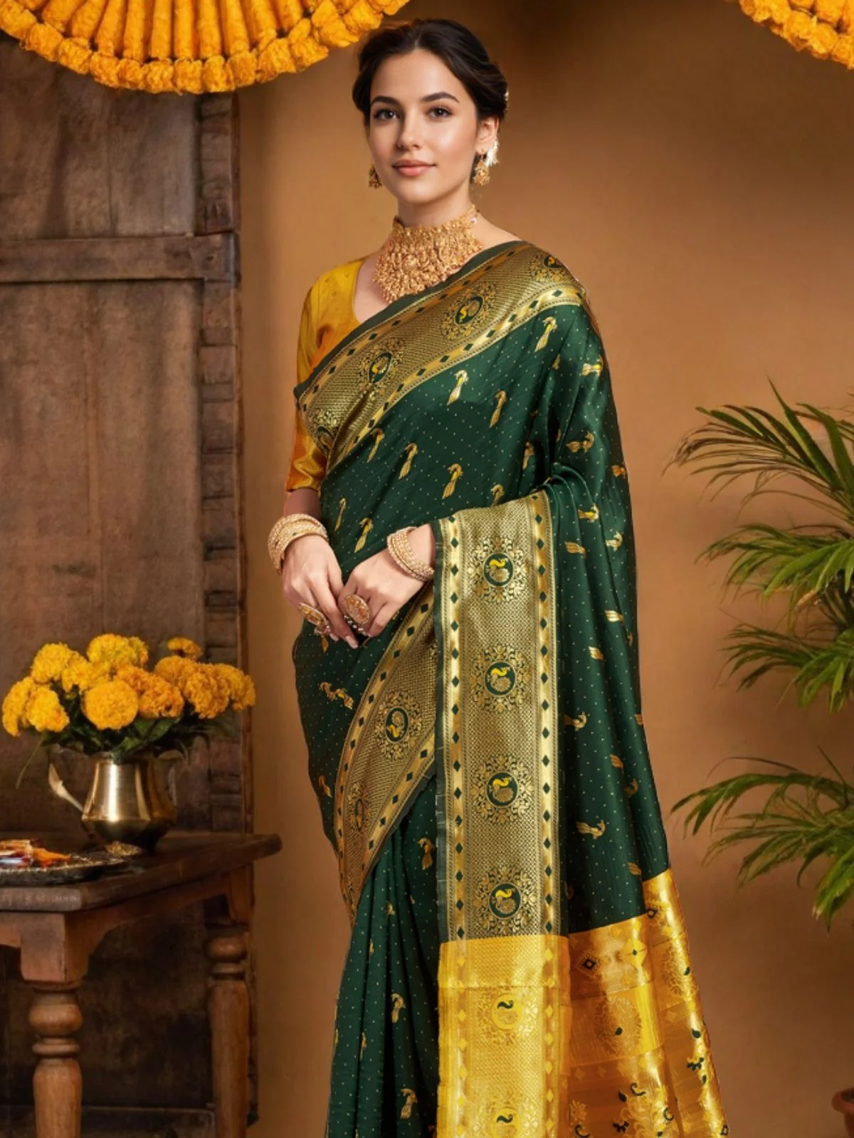 Odette Green Silk Woven Saree For Women - Image 4