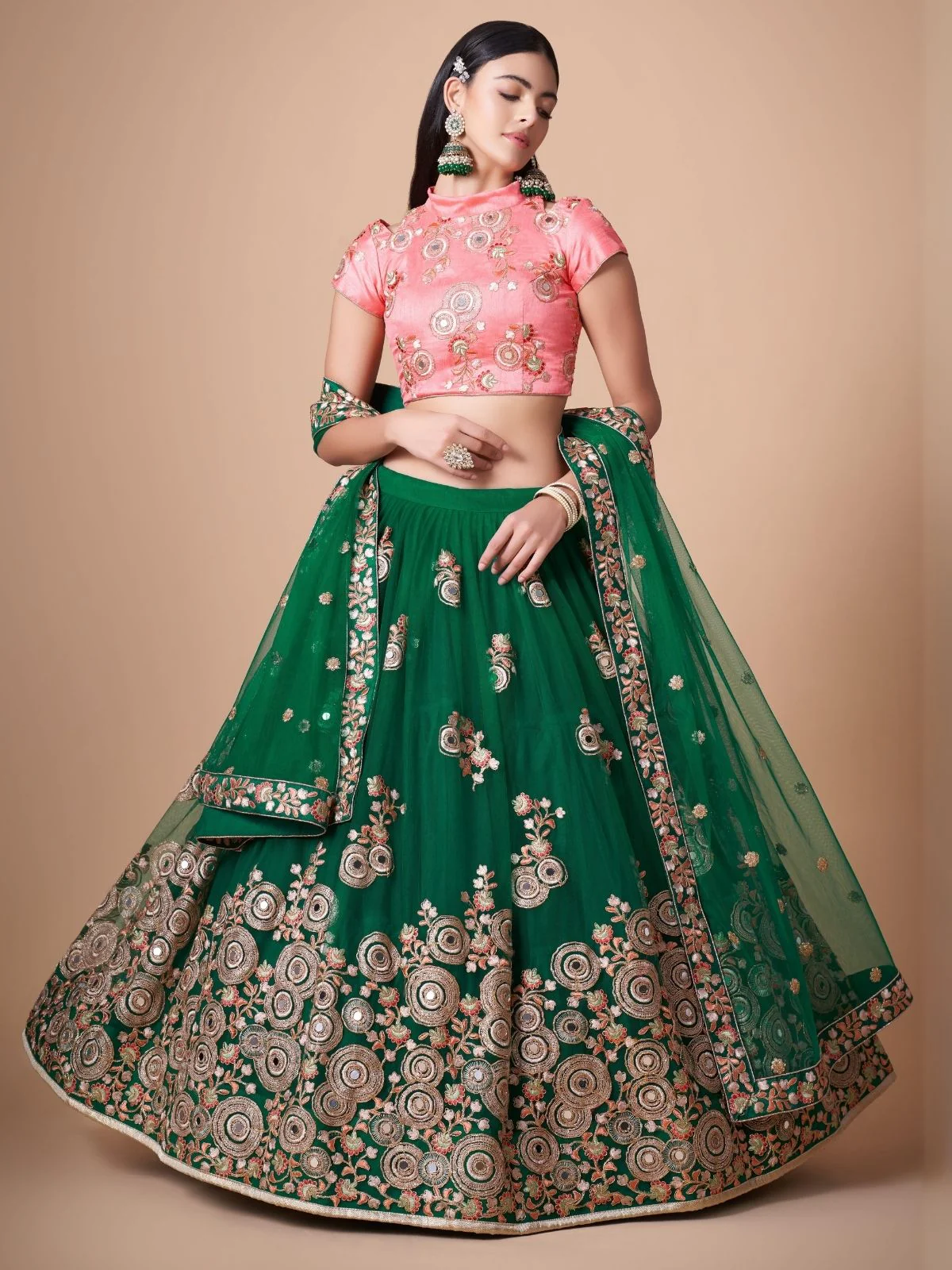Odette Green Soft Net Embroidered Semi Stitched Lehenga With Blouse For Women - Image 2