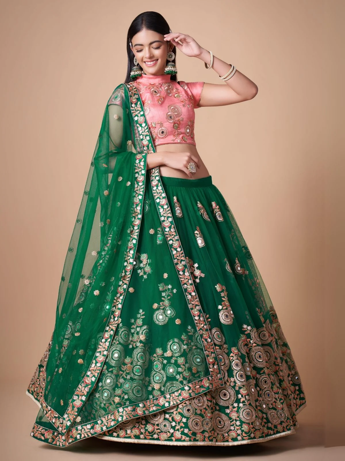 Odette Green Soft Net Embroidered Semi Stitched Lehenga With Blouse For Women - Image 3