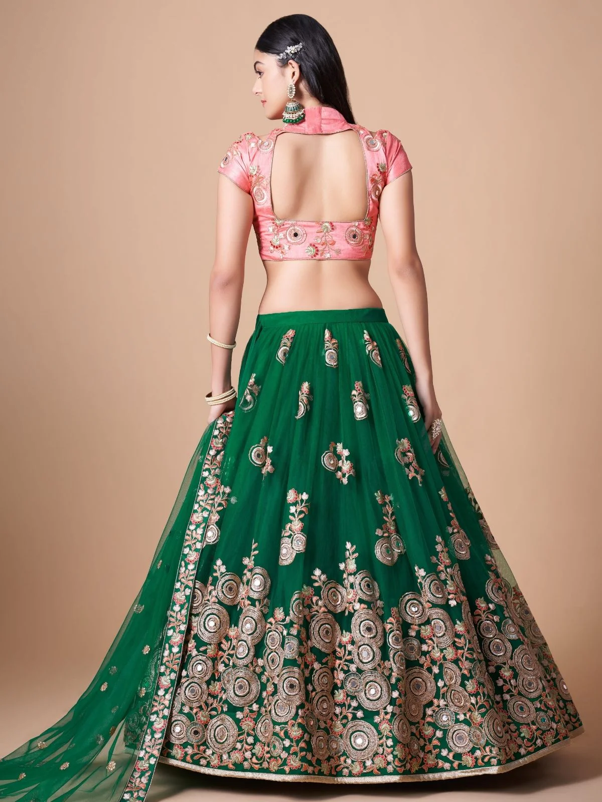 Odette Green Soft Net Embroidered Semi Stitched Lehenga With Blouse For Women - Image 4