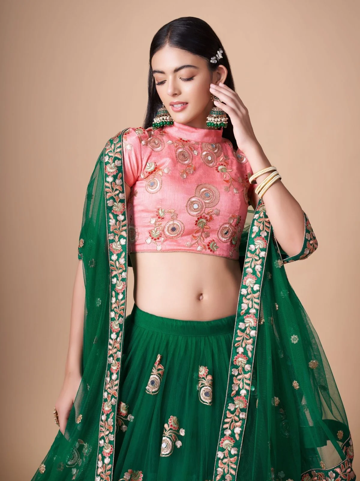 Odette Green Soft Net Embroidered Semi Stitched Lehenga With Blouse For Women - Image 5