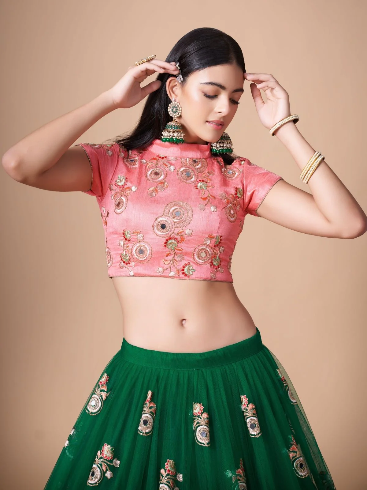Odette Green Soft Net Embroidered Semi Stitched Lehenga With Blouse For Women - Image 6