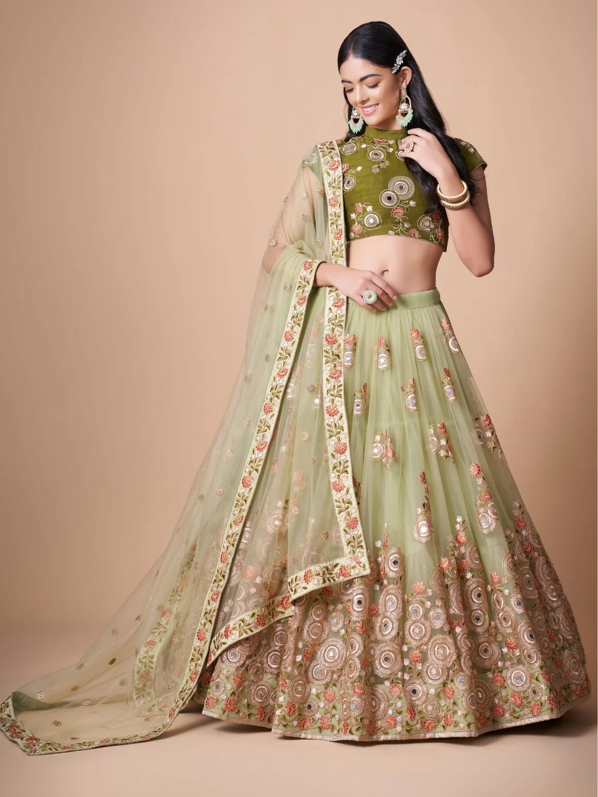 Odette Green Soft Net Embroidered Semi Stitched Lehenga With Blouse For Women - Image 2