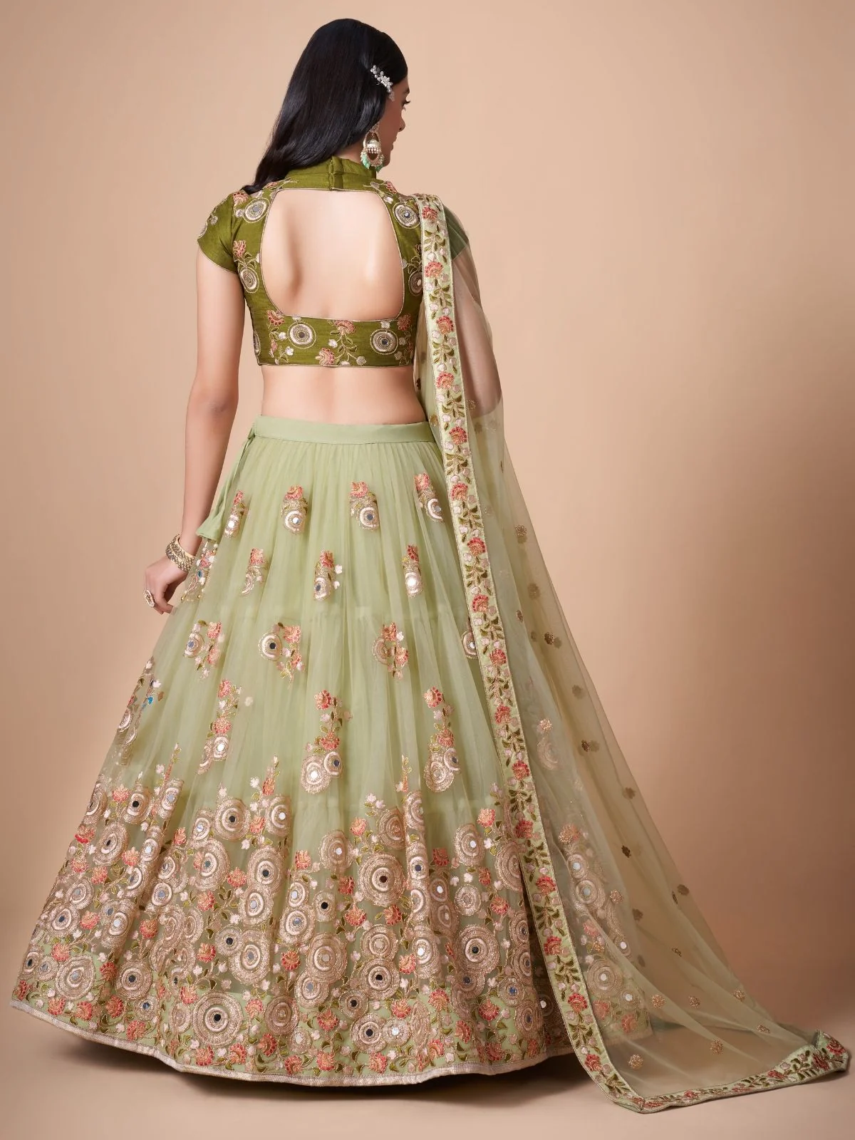 Odette Green Soft Net Embroidered Semi Stitched Lehenga With Blouse For Women - Image 3