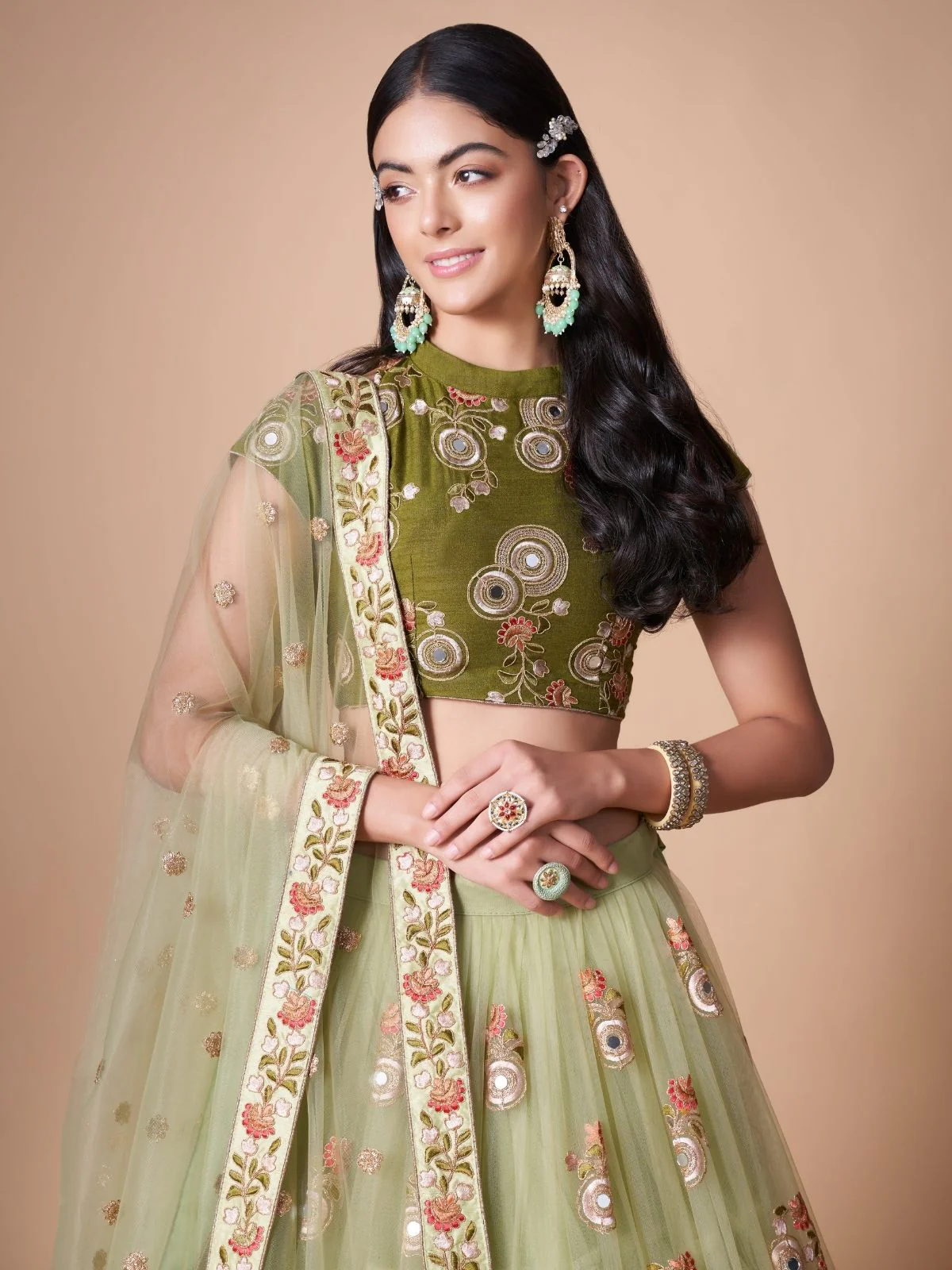 Odette Green Soft Net Embroidered Semi Stitched Lehenga With Blouse For Women - Image 4