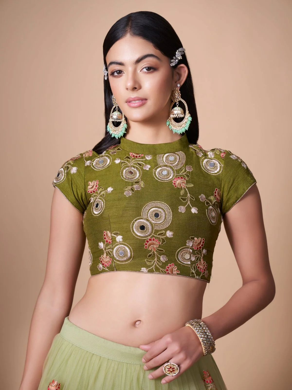 Odette Green Soft Net Embroidered Semi Stitched Lehenga With Blouse For Women - Image 5