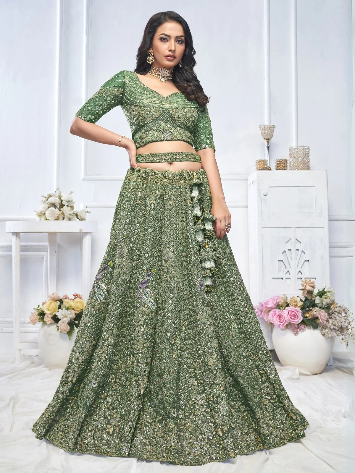 Odette Green Soft Net Embroidered Semi-Stitched Lehenga With Unstitched Blouse For Women - Image 2