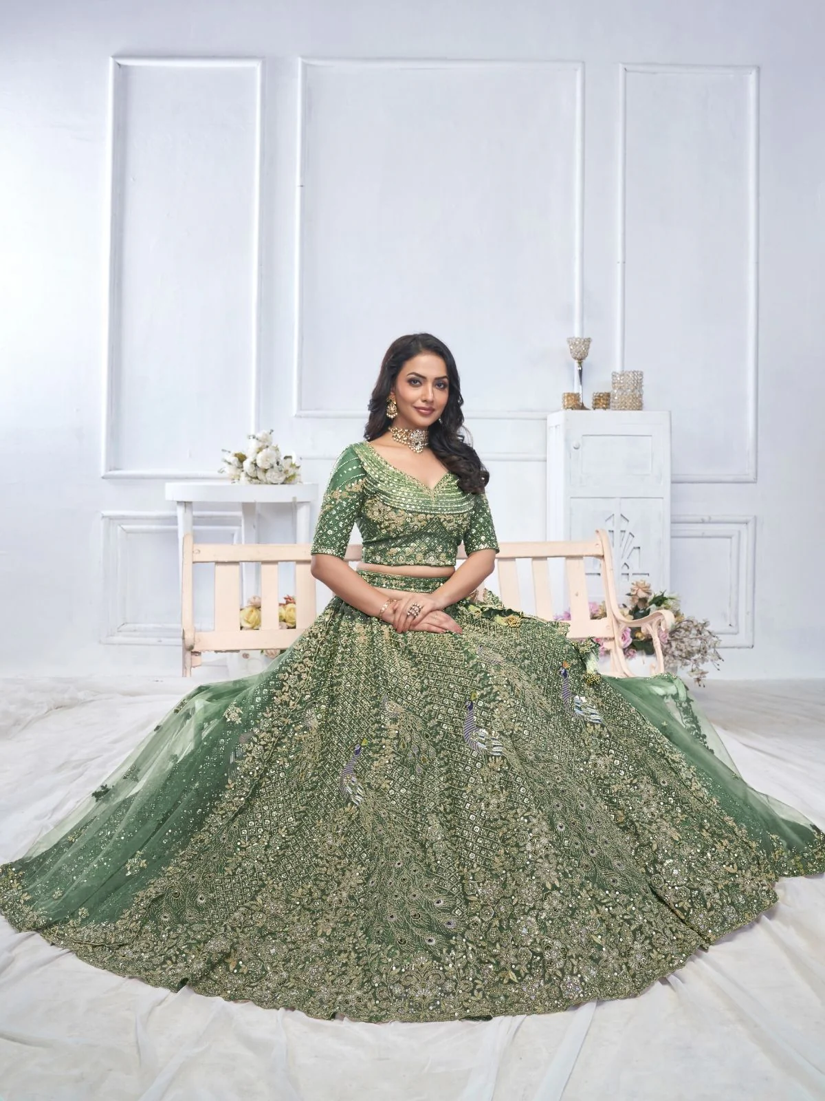 Odette Green Soft Net Embroidered Semi-Stitched Lehenga With Unstitched Blouse For Women - Image 4