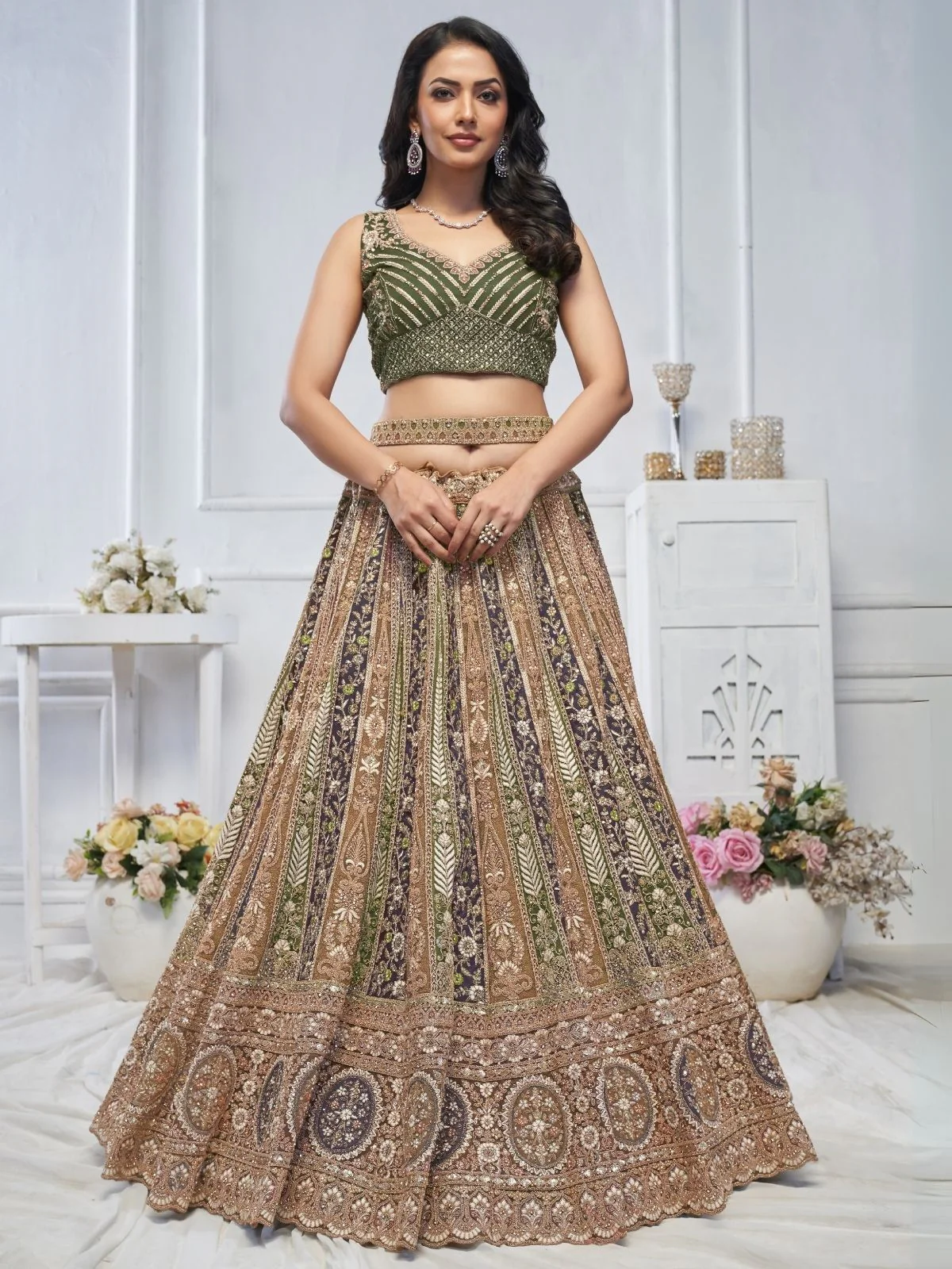 Odette Green Soft Net Embroidered Semi-Stitched Lehenga With Unstitched Blouse For Women - Image 2