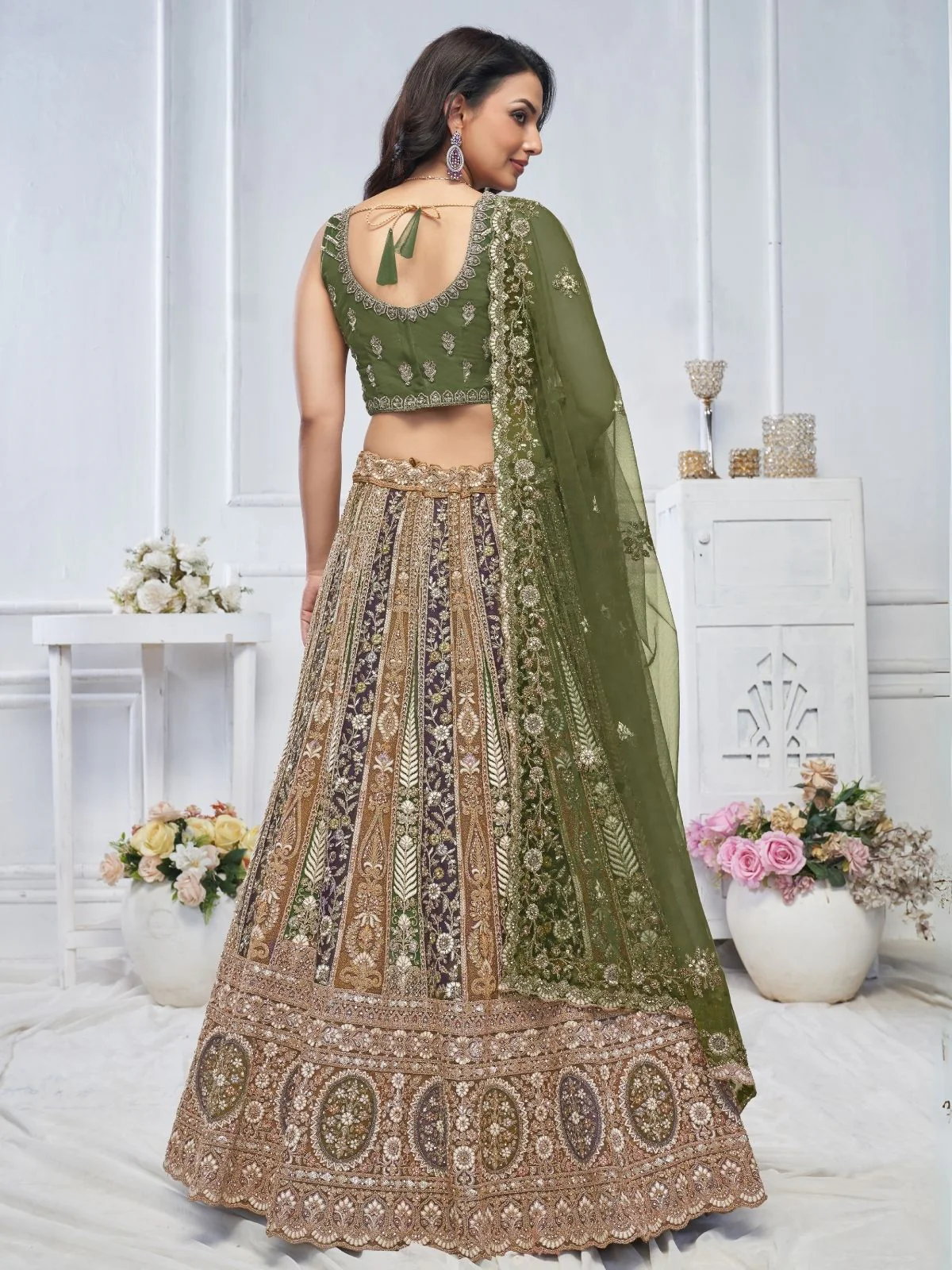 Odette Green Soft Net Embroidered Semi-Stitched Lehenga With Unstitched Blouse For Women - Image 3