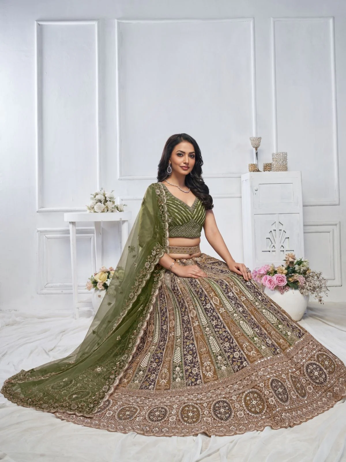 Odette Green Soft Net Embroidered Semi-Stitched Lehenga With Unstitched Blouse For Women - Image 4