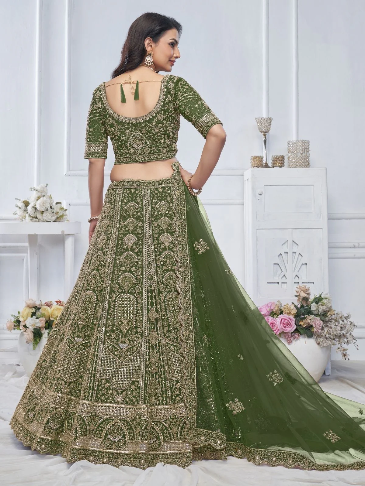 Odette Green Soft Net Embroidered Semi-Stitched Lehenga With Unstitched Blouse For Women - Image 5