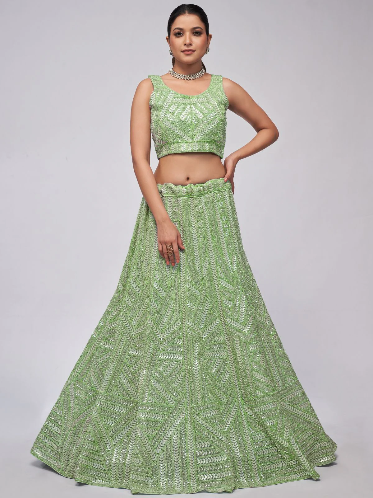 Odette Green Soft Net Embroidered Semi Stitched Lehenga With Unstitched Blouse For Women - Image 2