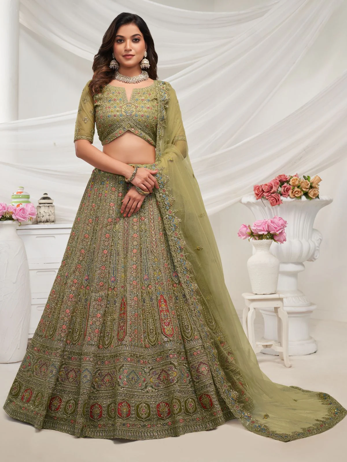 Odette Green Soft Net Embroidered Semi Stitched Lehenga With Unstitched Blouse For Women
