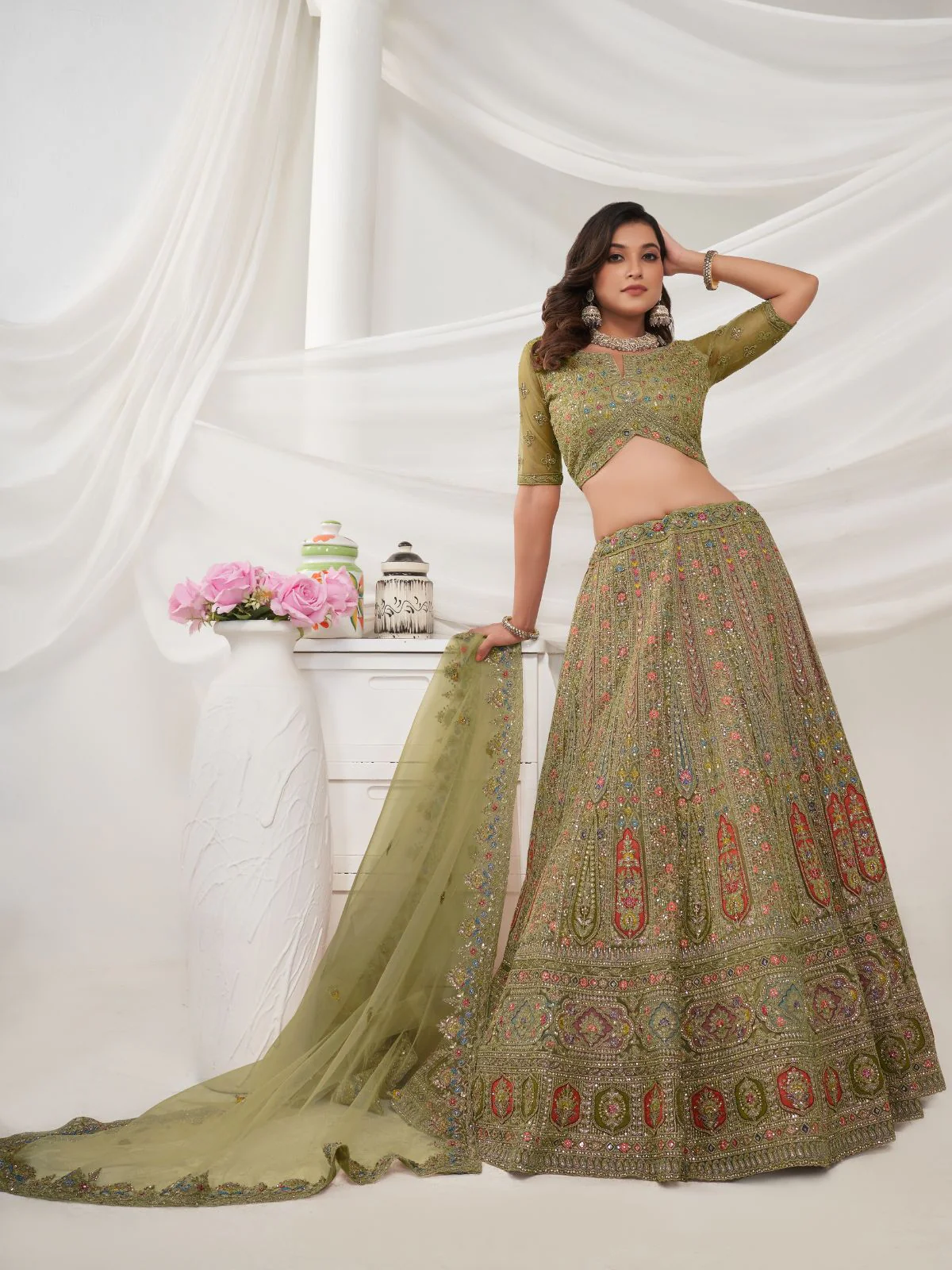 Odette Green Soft Net Embroidered Semi Stitched Lehenga With Unstitched Blouse For Women - Image 2