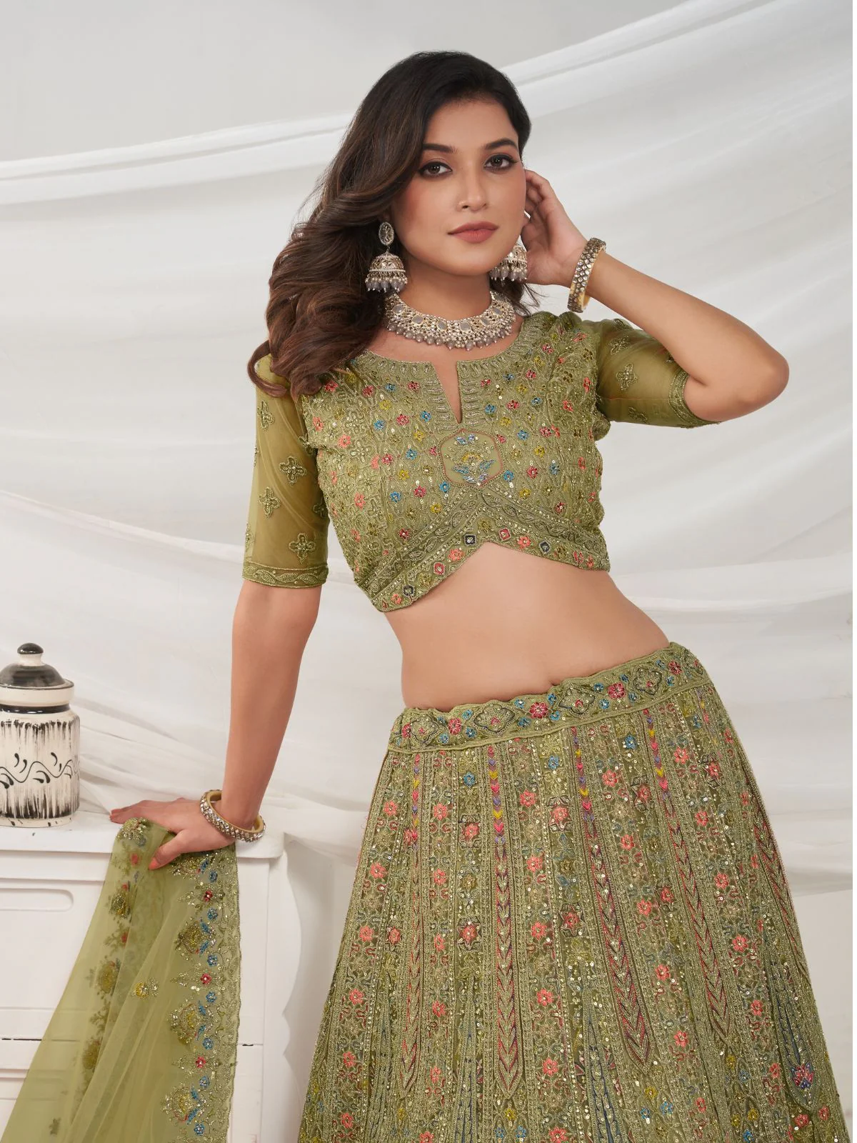 Odette Green Soft Net Embroidered Semi Stitched Lehenga With Unstitched Blouse For Women - Image 4