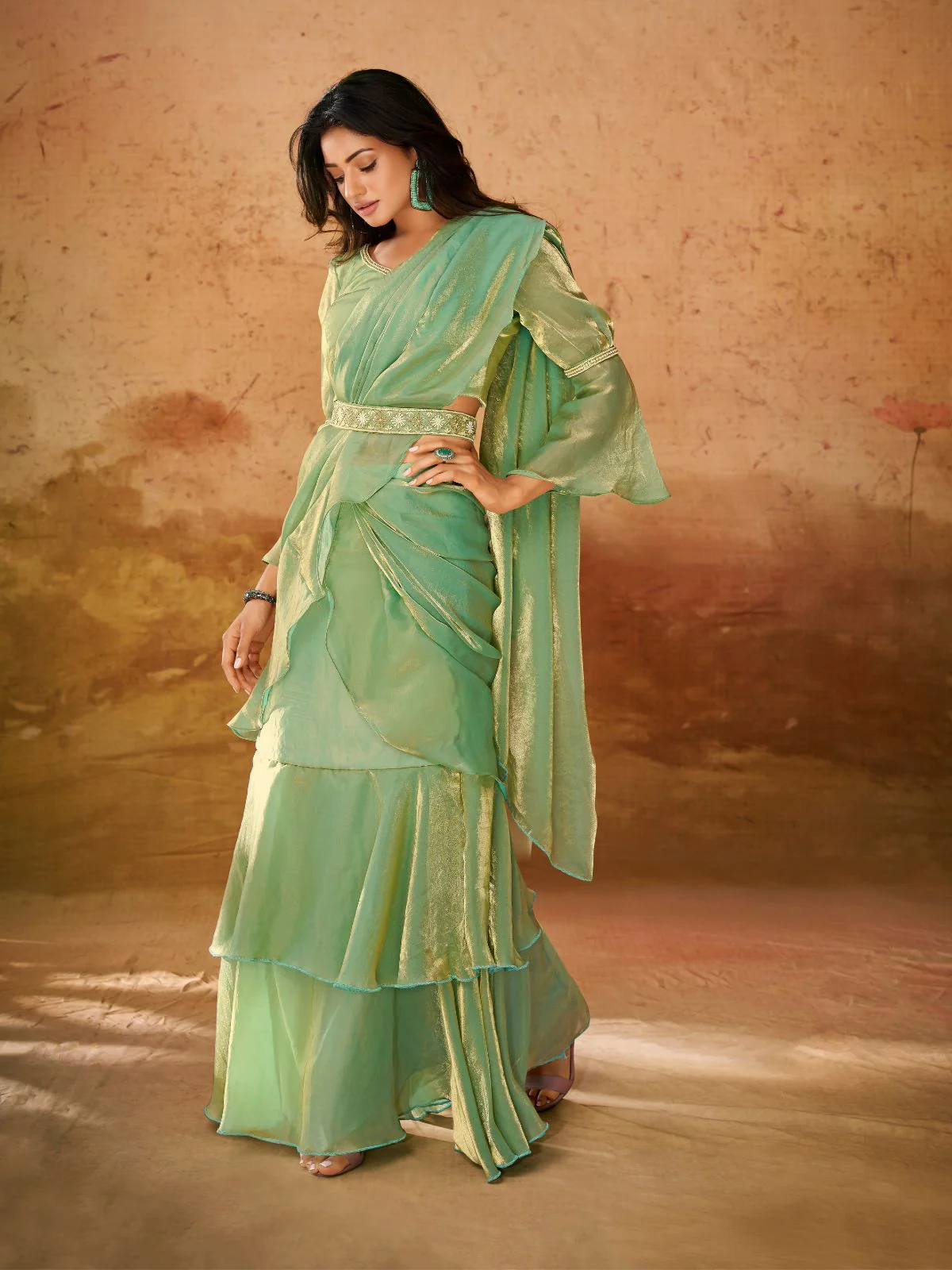 Odette Green Solid Organza Ready To Wear Saree With Stitched Blouse For Women - Image 3