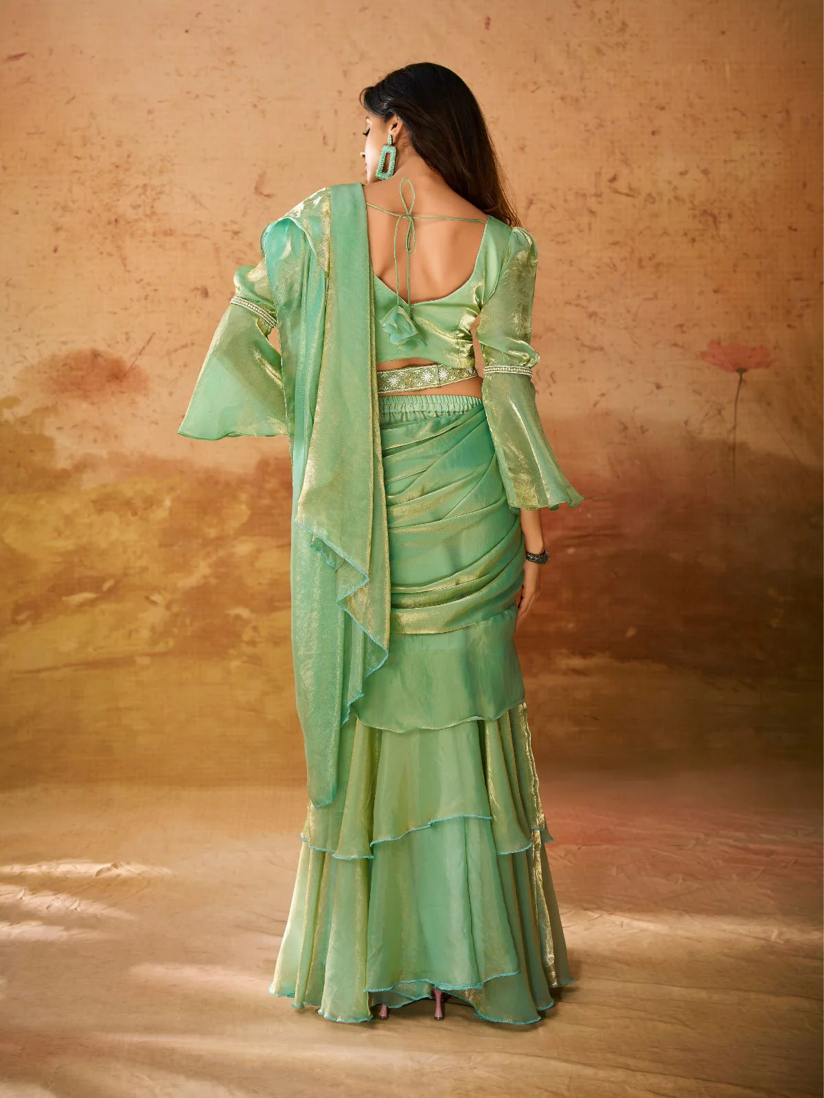 Odette Green Solid Organza Ready To Wear Saree With Stitched Blouse For Women - Image 4