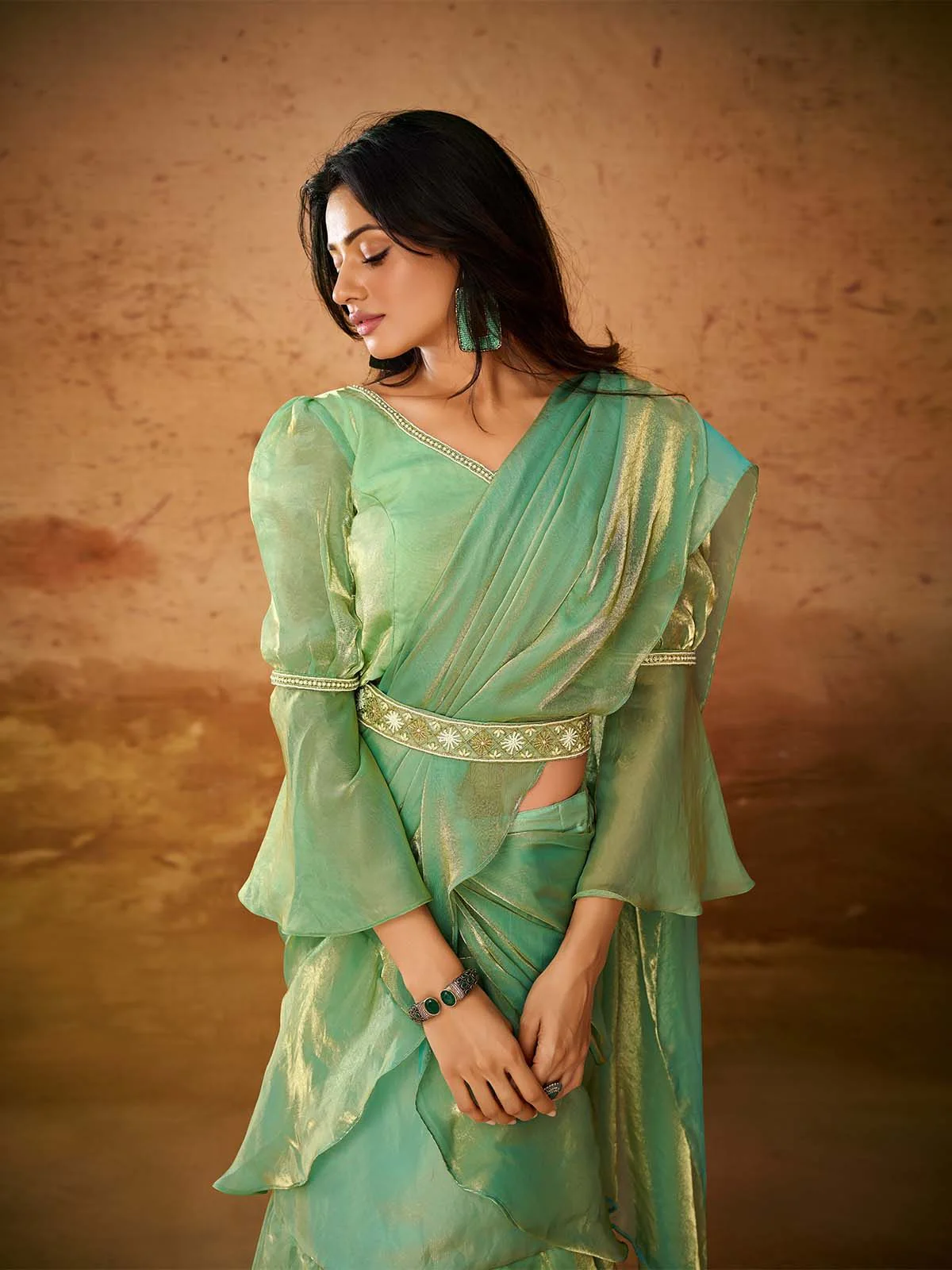 Odette Green Solid Organza Ready To Wear Saree With Stitched Blouse For Women - Image 5