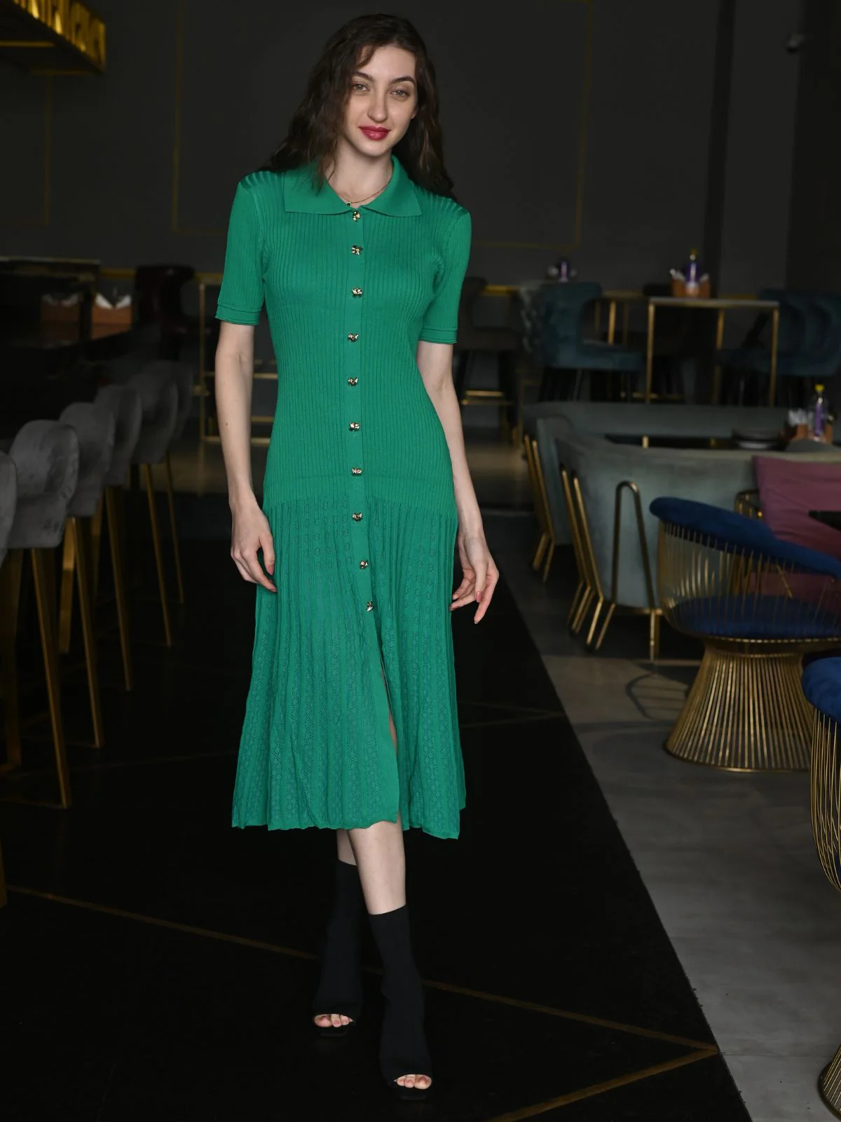 Odette Green Solid Rib With Lycra Dress For Women - Image 2