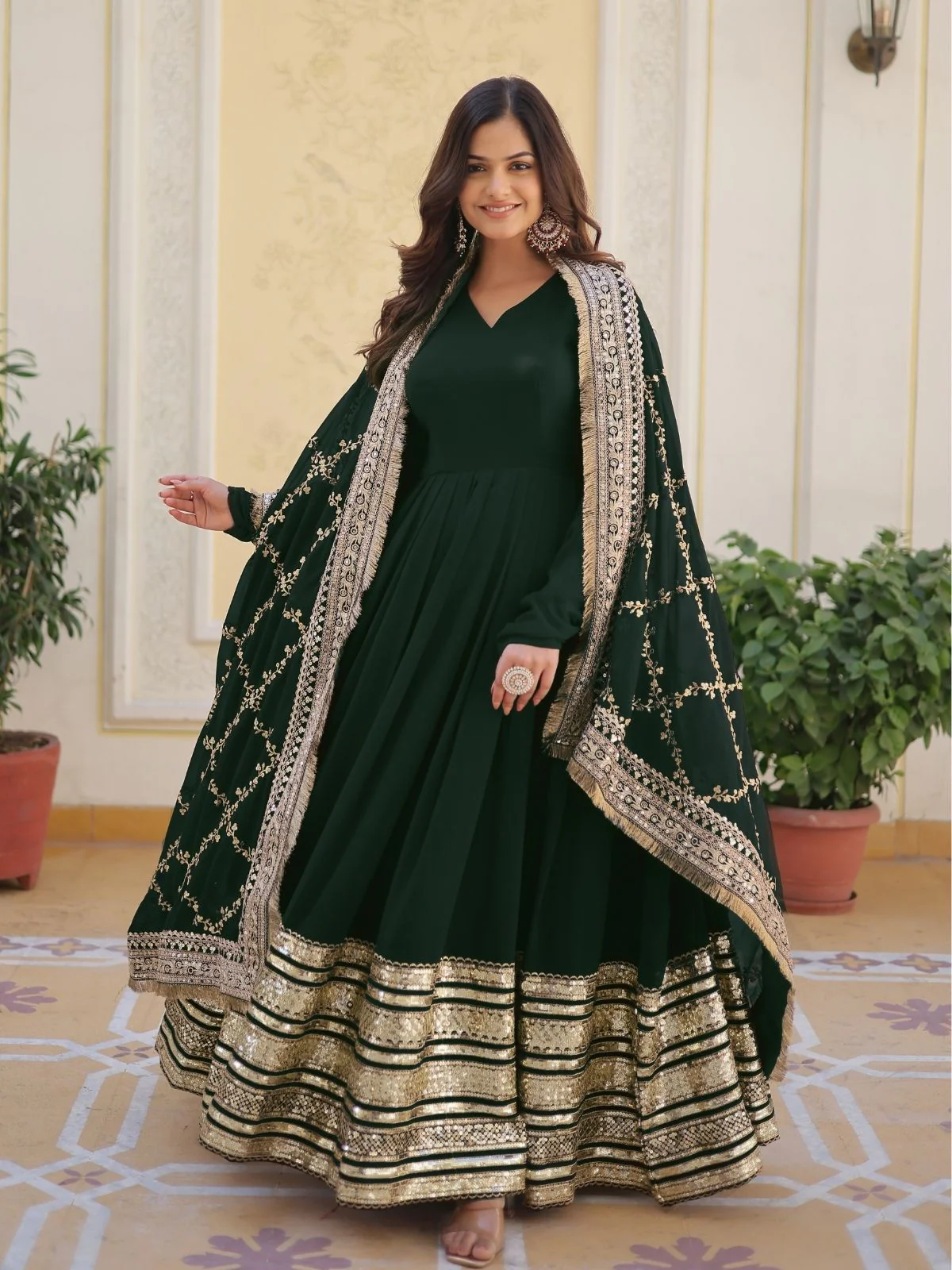 Odette Green Stitched Gown With Dupatta For Women - Image 2