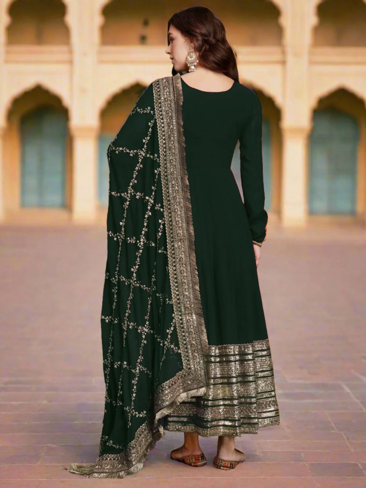 Odette Green Stitched Gown With Dupatta For Women - Image 3