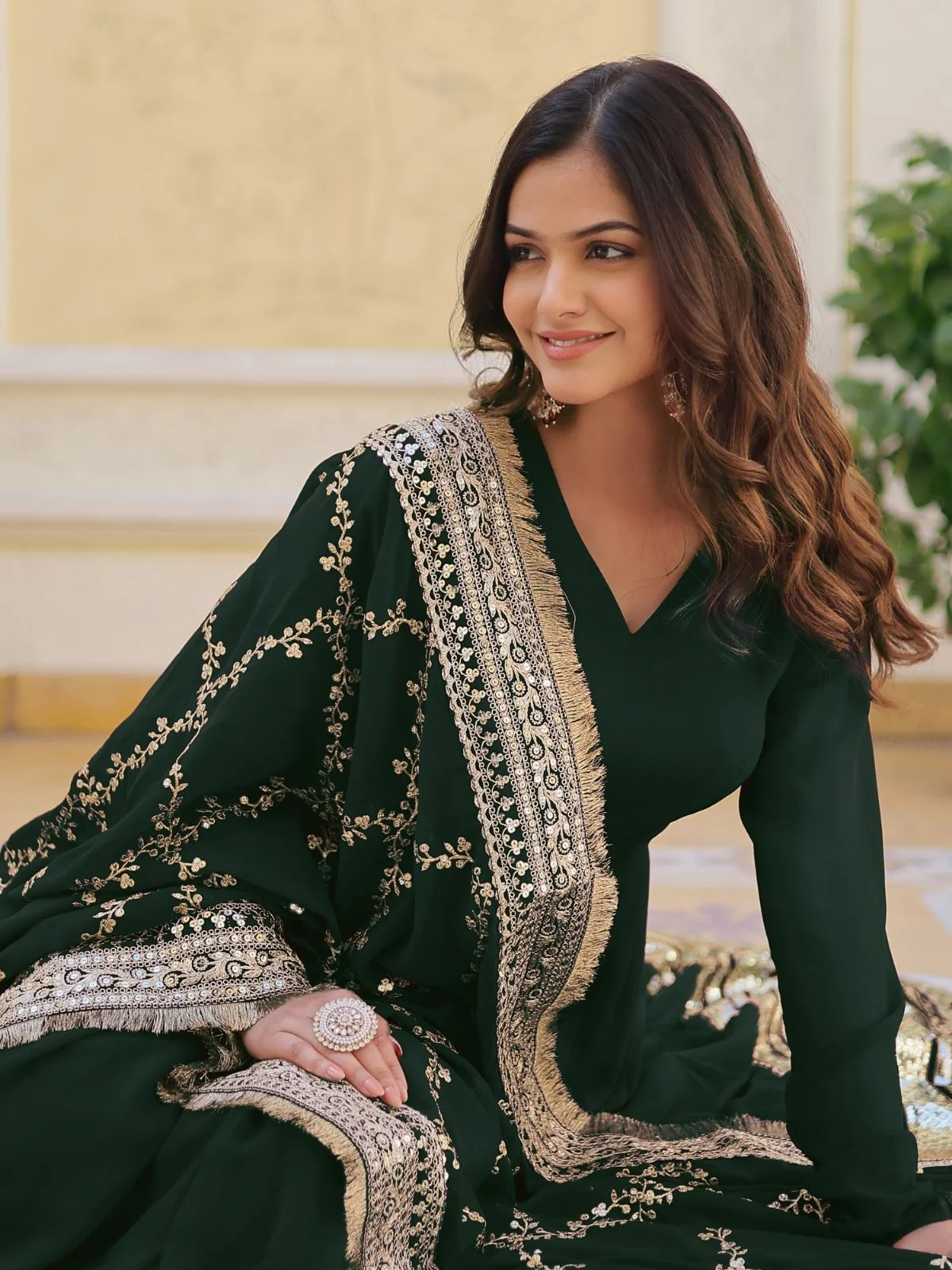 Odette Green Stitched Gown With Dupatta For Women - Image 4