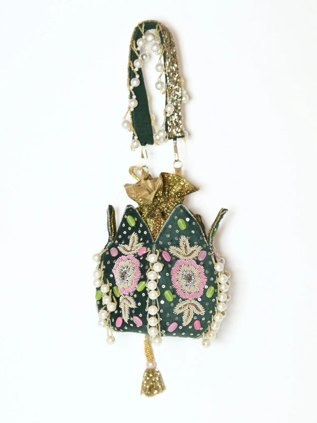 Odette Green Suede Embroidered Lotus Potli For Women - Image 3