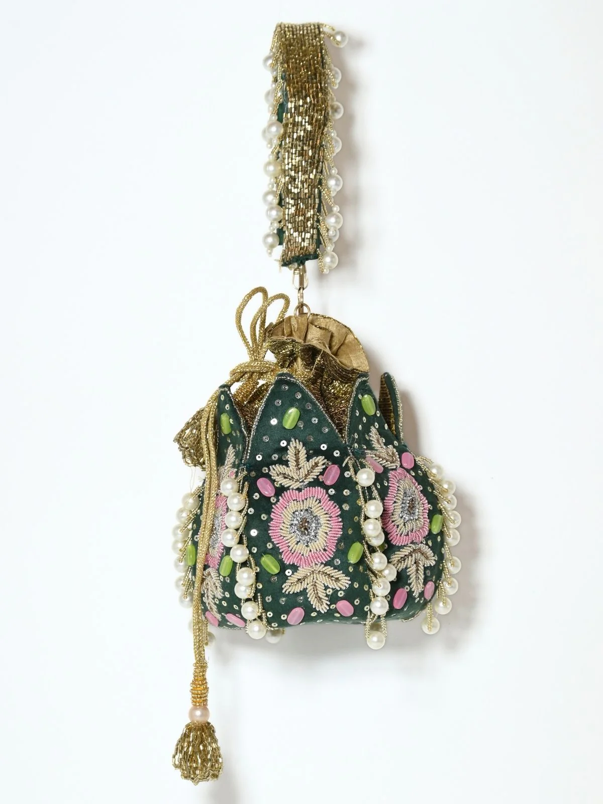 Odette Green Suede Embroidered Lotus Potli For Women - Image 4