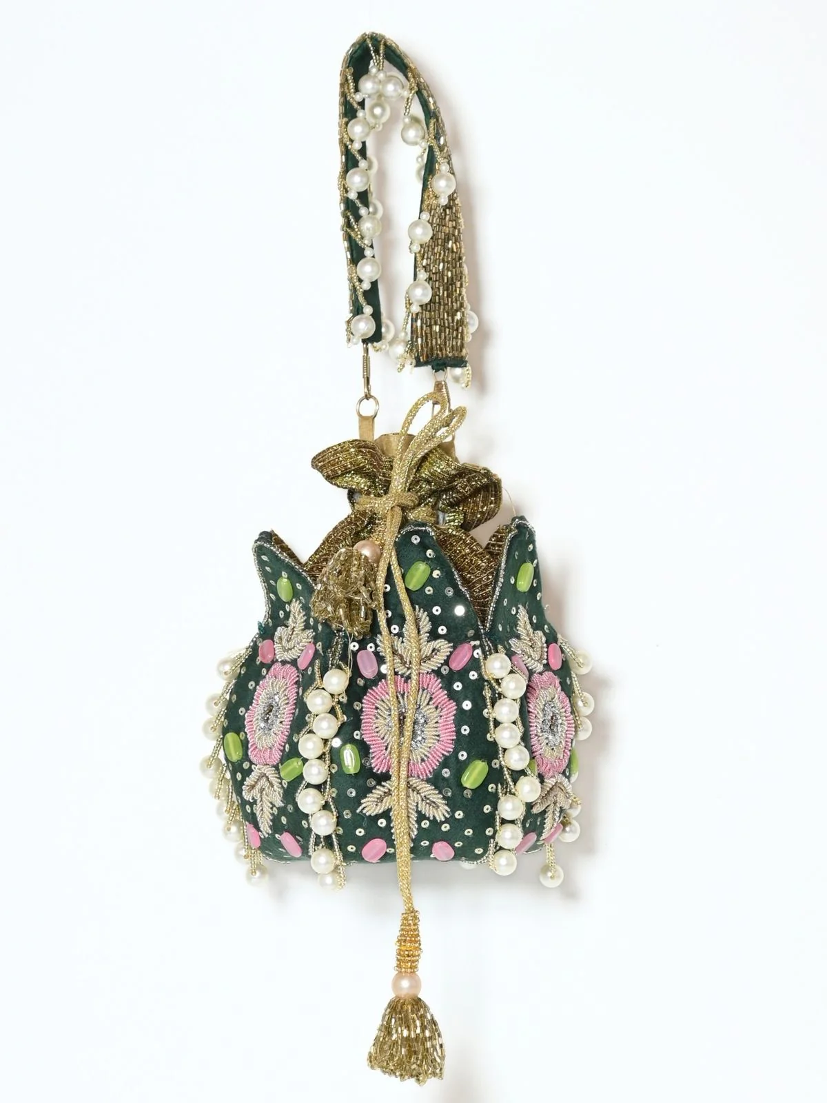 Odette Green Suede Embroidered Lotus Potli For Women - Image 5