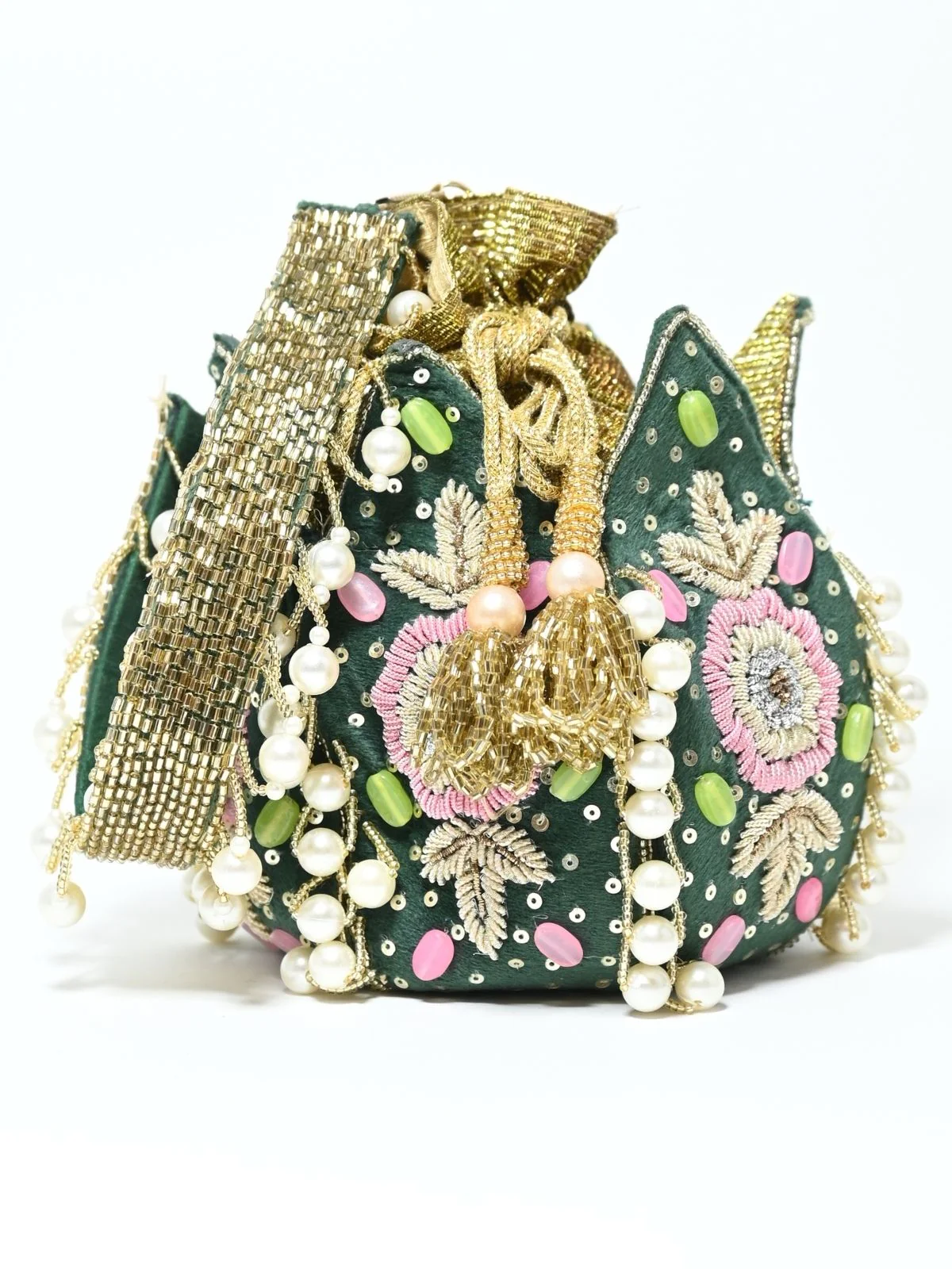 Odette Green Suede Embroidered Lotus Potli For Women - Image 6