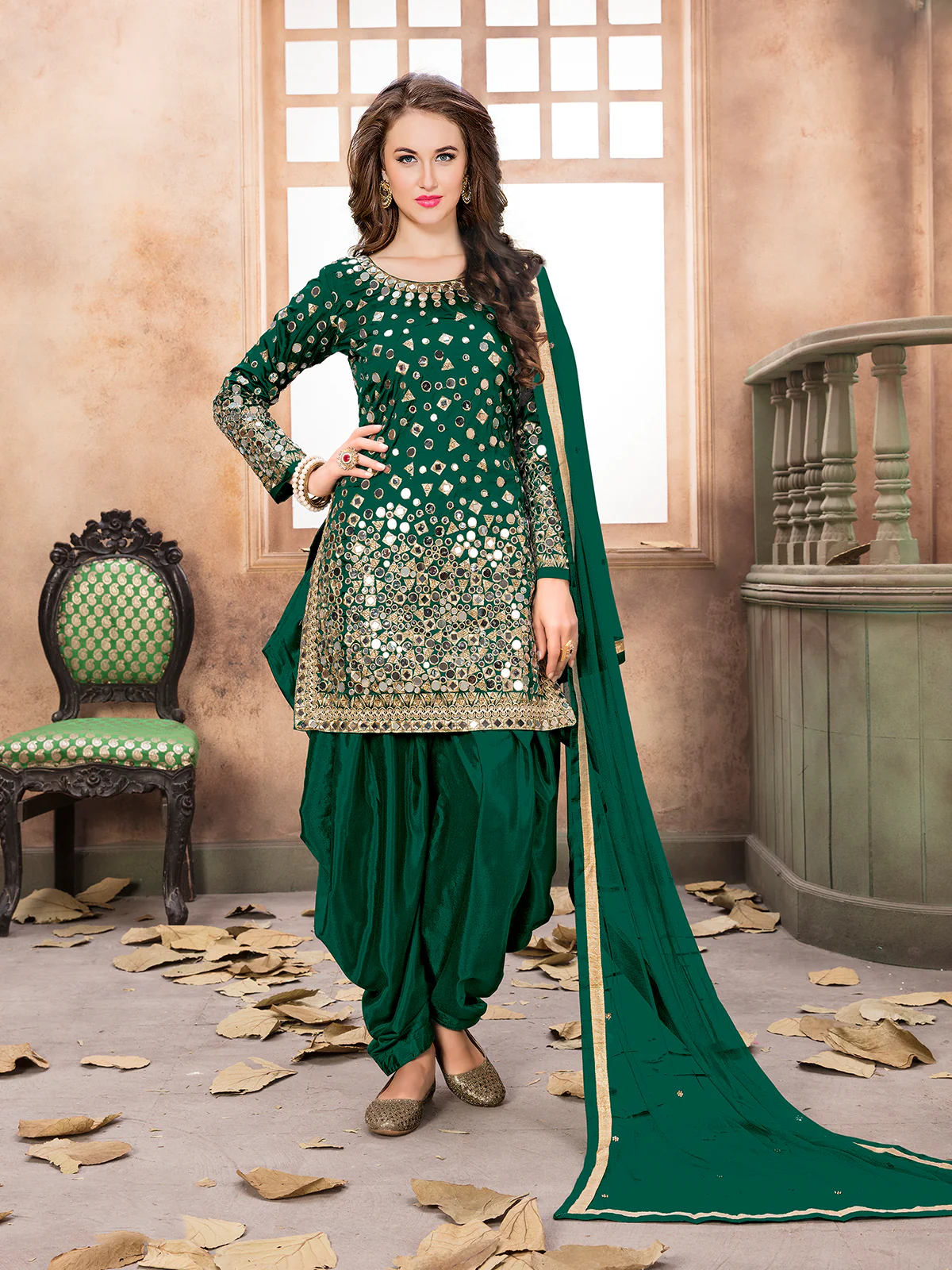 Odette Green Tafeta Embellished Semi stitched Kurta Set For Women